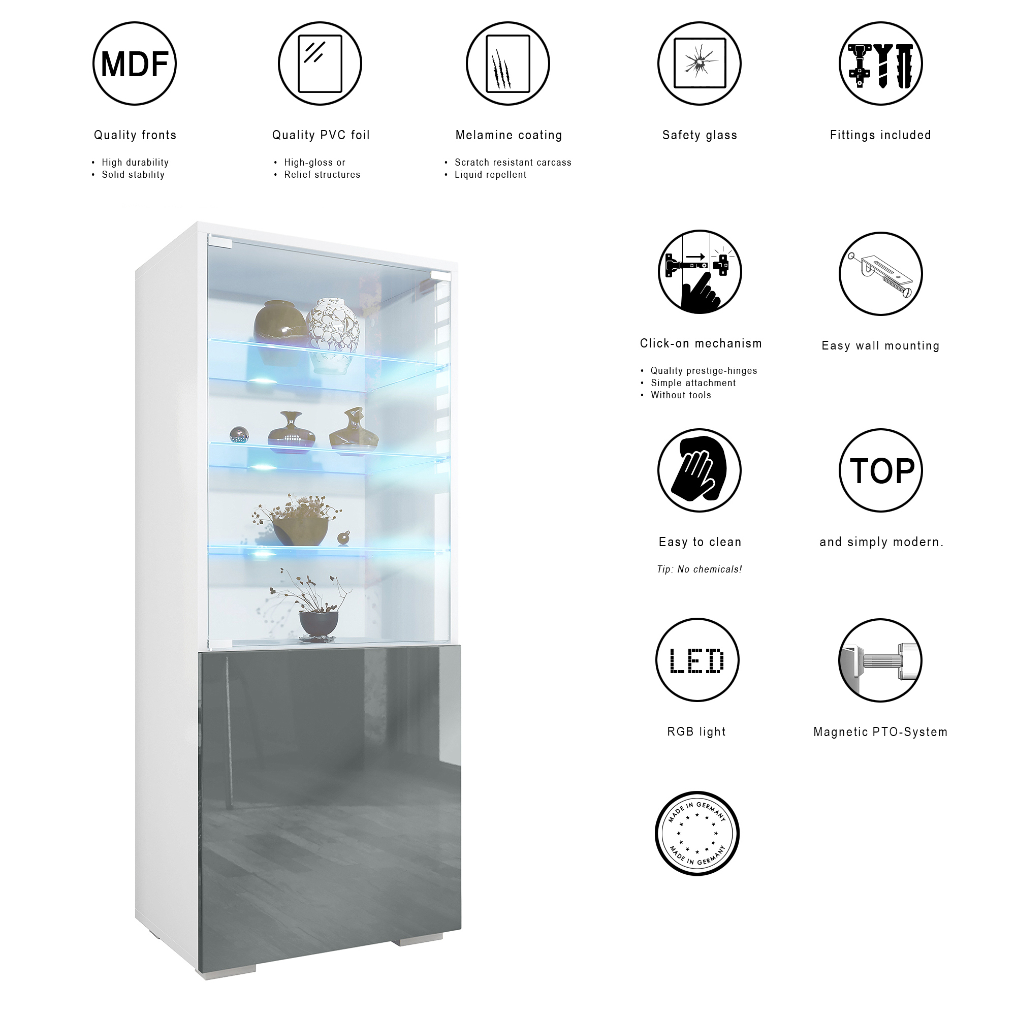 Granada Vitrine Weiß mit LED mit Glastür und Glaseinsatz inkl. LED Weiß matt/Denim matt (50 x 122,5 x 34,5 cm)