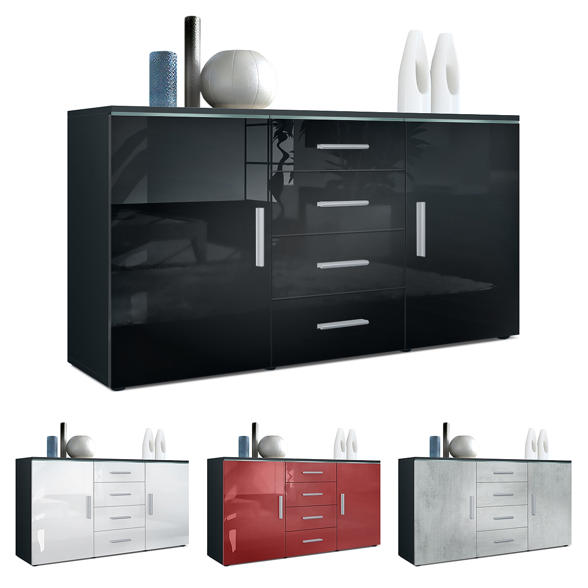 Sideboard Faro mit 2 Türen und 4 Schubladen Schwarz matt/Schwarz Hochglanz (139 x 72 x 35)