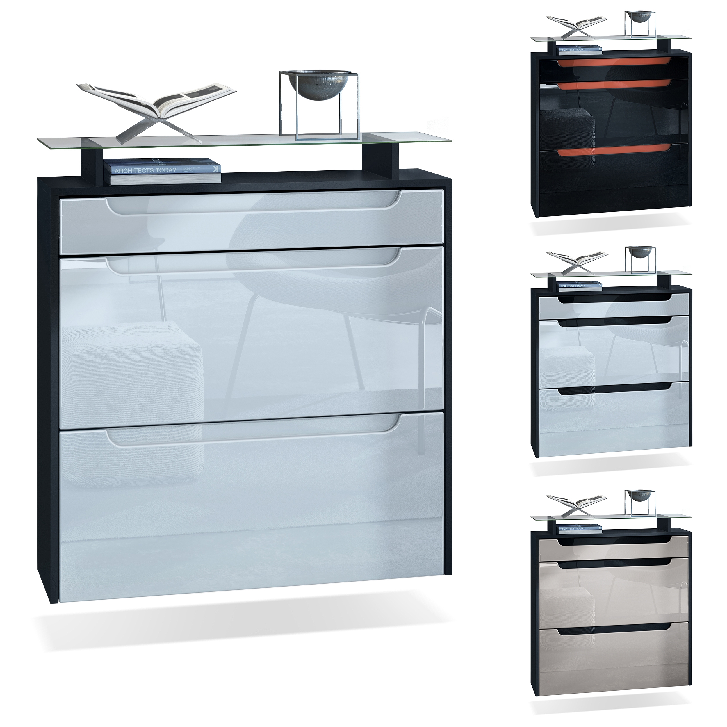Schuhschrank Annie mit 2 Klappen, 1 Schublade und Glasablage Schwarz matt/Avola-Anthrazit (89 x 96 x 23 cm)