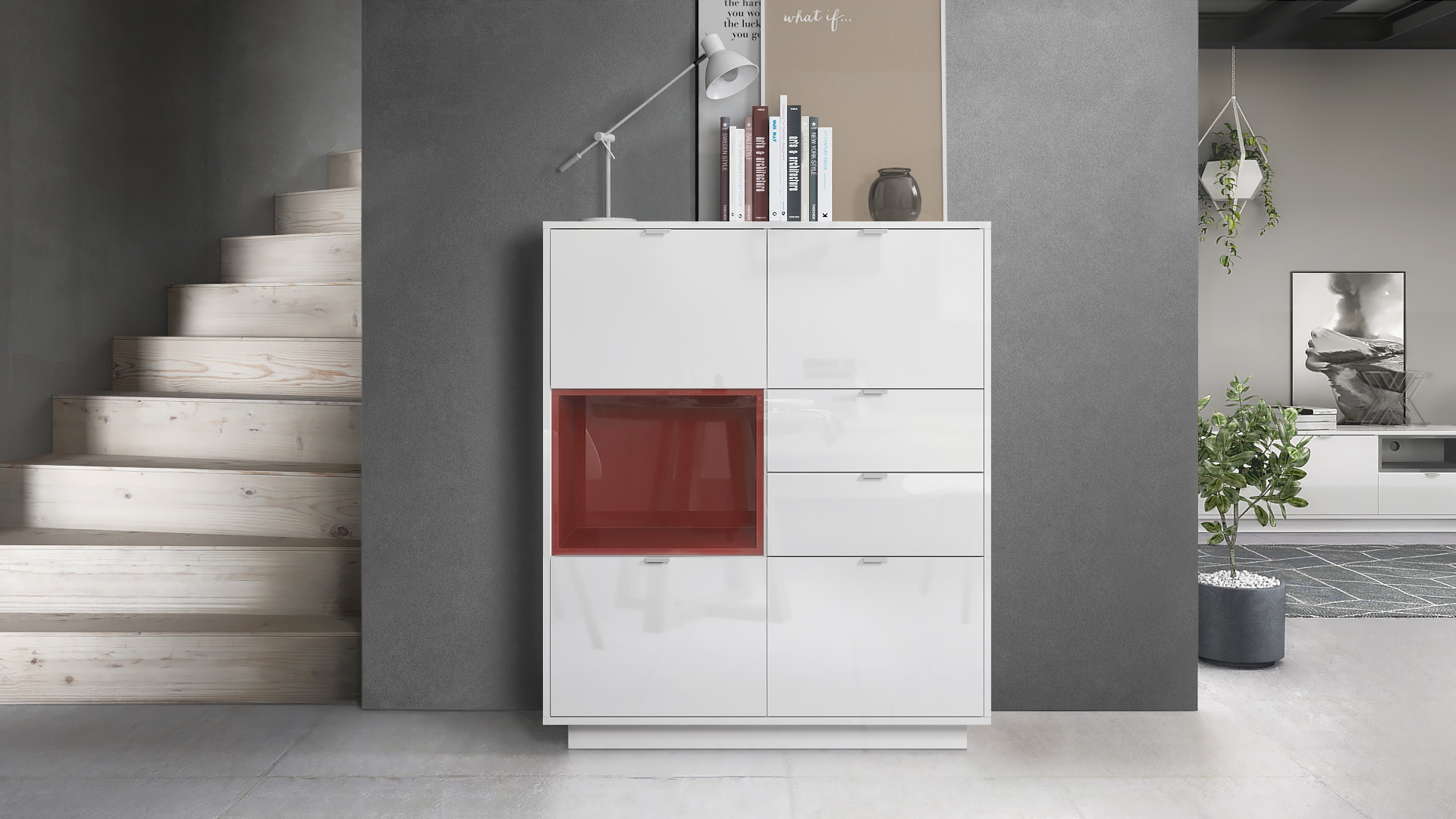 Highboard Metro  mit 4 Türen, 2 Schubladen und 1 offenem Fach Weiß glänzend/Bordeaux glänzend inkl. LED Beleuchtung (103x123x38 cm)