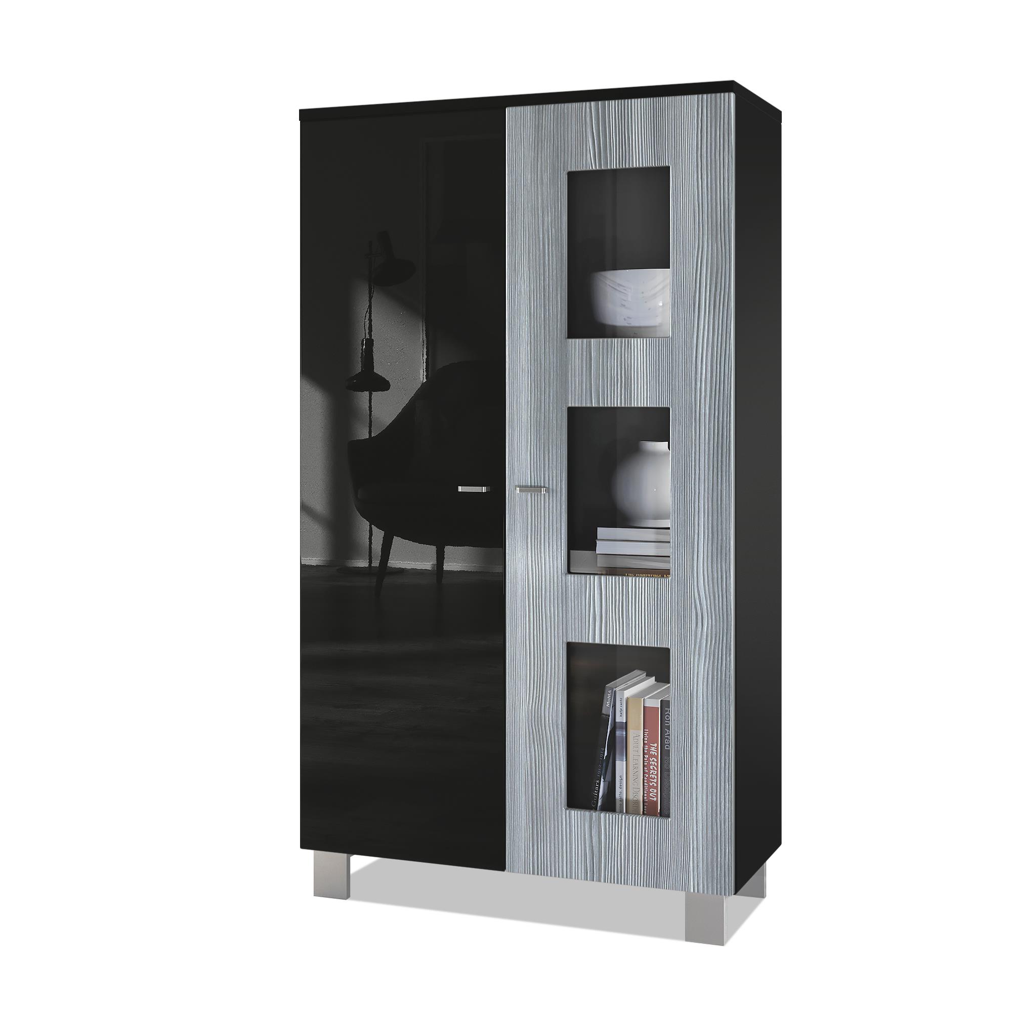 Vitrine Denjo  mit 2 Türen und 3 Glaseinsätzen Schwarz matt/ Schwarz Hochglanz/ Avola-Anthrazit (71 x 129 x 35 cm)