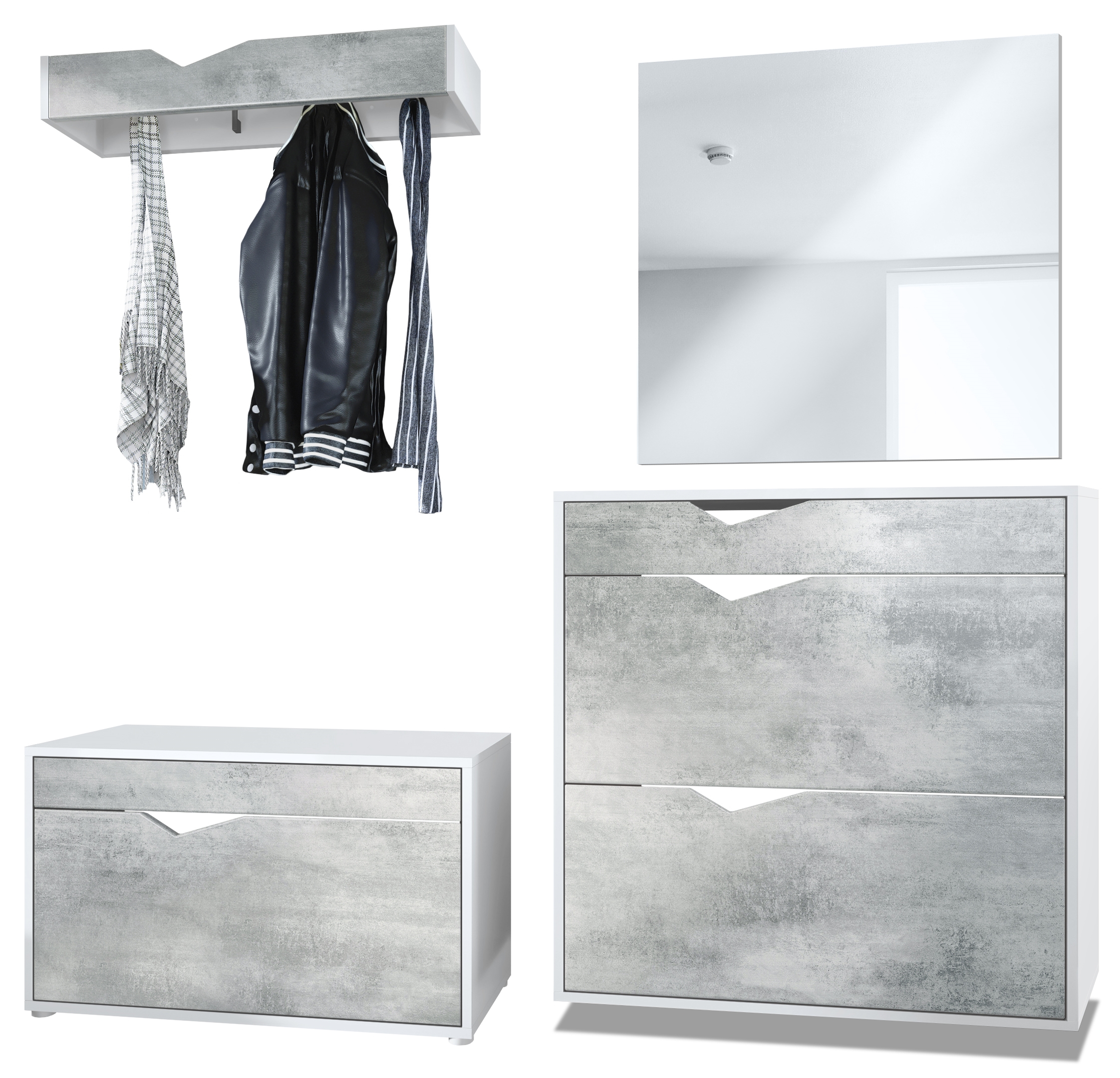 Garderobenset Kolmio 1 Schuhbank, 1 Spiegel und 1 Wandgarderobe Weiß matt/Beton Oxid Optik (190 x 185 x 33 cm)