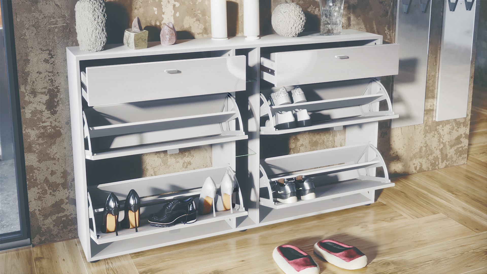 Garderobenset 3-tlg. Orlando mit Schuhschrank, Wandpaneel und Wandspiegel Weiß matt/Beton Oxid Optik