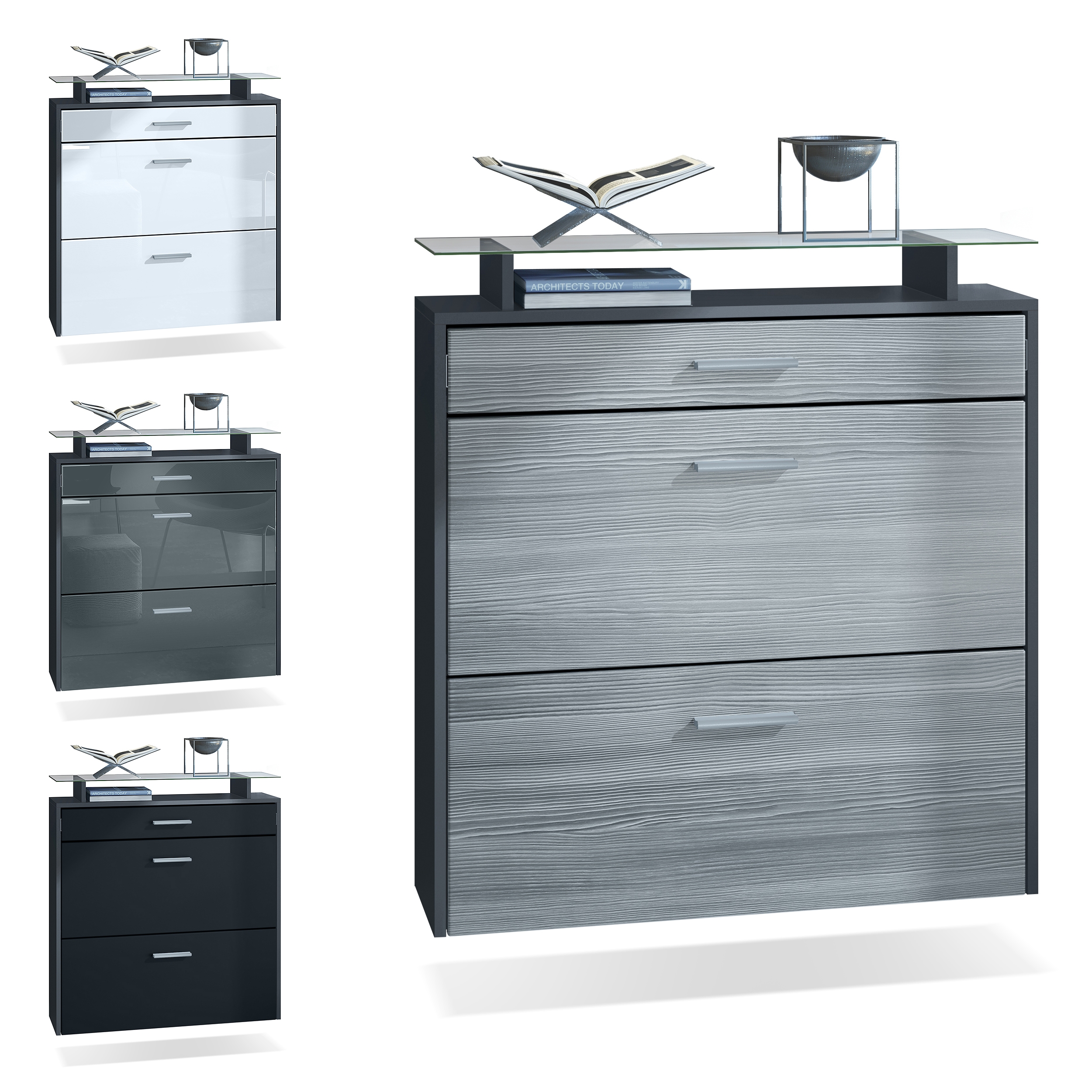 Schuhschrank Malea mit 2 Klappen und 1 Schublade und Glasablage Anthrazit matt/Schwarz glänzend, mit Beleuchtung weiß(89x96x23 cm)