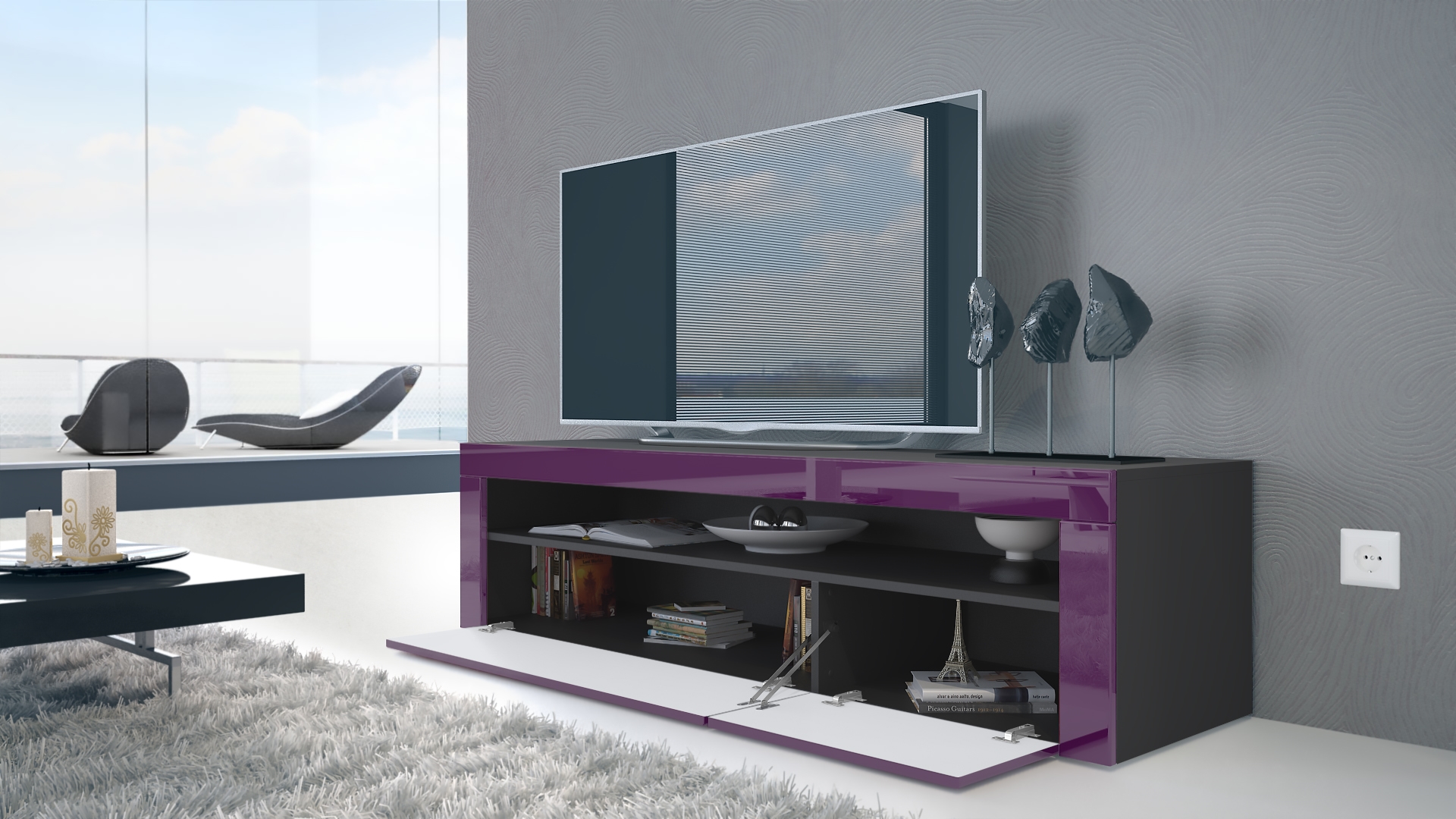 Wohnzimmer-Set Berlin bestehend aus 1 TV Board und 1 Couchtisch Schwarz matt/Beton Oxid Optik