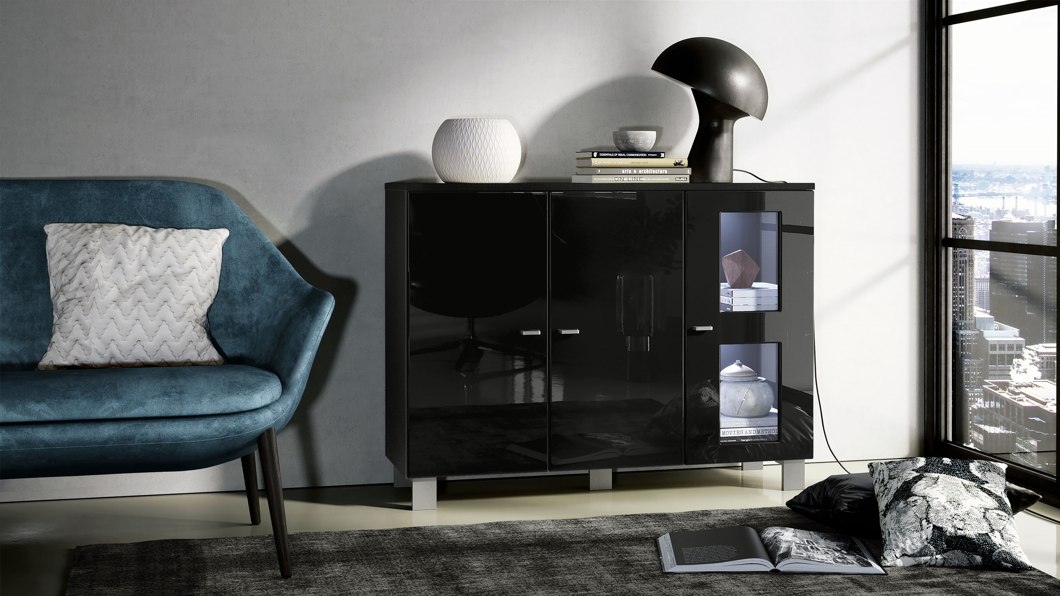 Sideboard Denjo  mit 3 Türen Schwarz matt/Schwarz Hochglanz inkl. LED-Beleuchtung (107x81x35 cm)