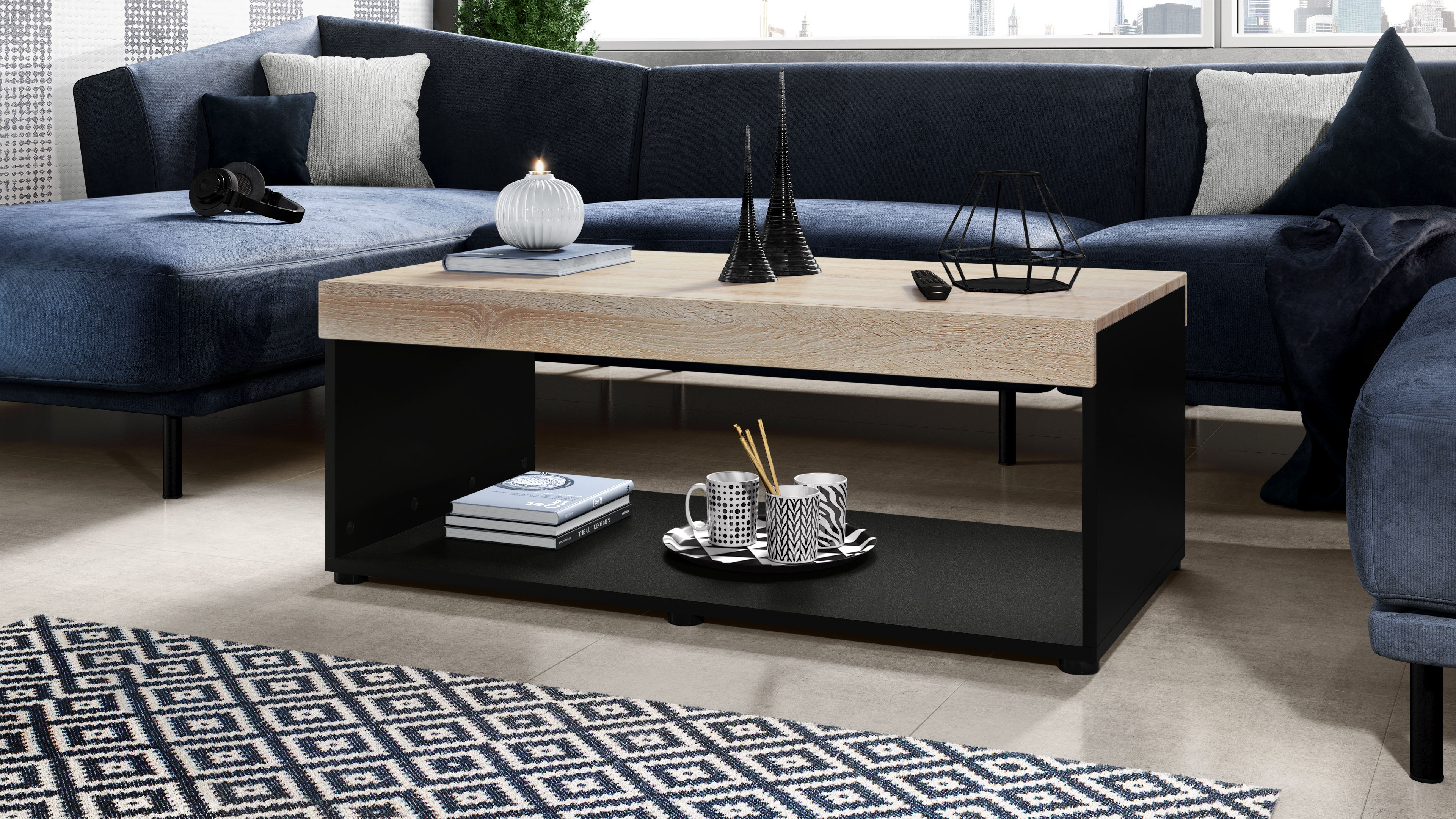 Wohnzimmer-Set Berlin bestehend aus 1 TV Board und 1 Couchtisch Schwarz matt/Eiche sägerau