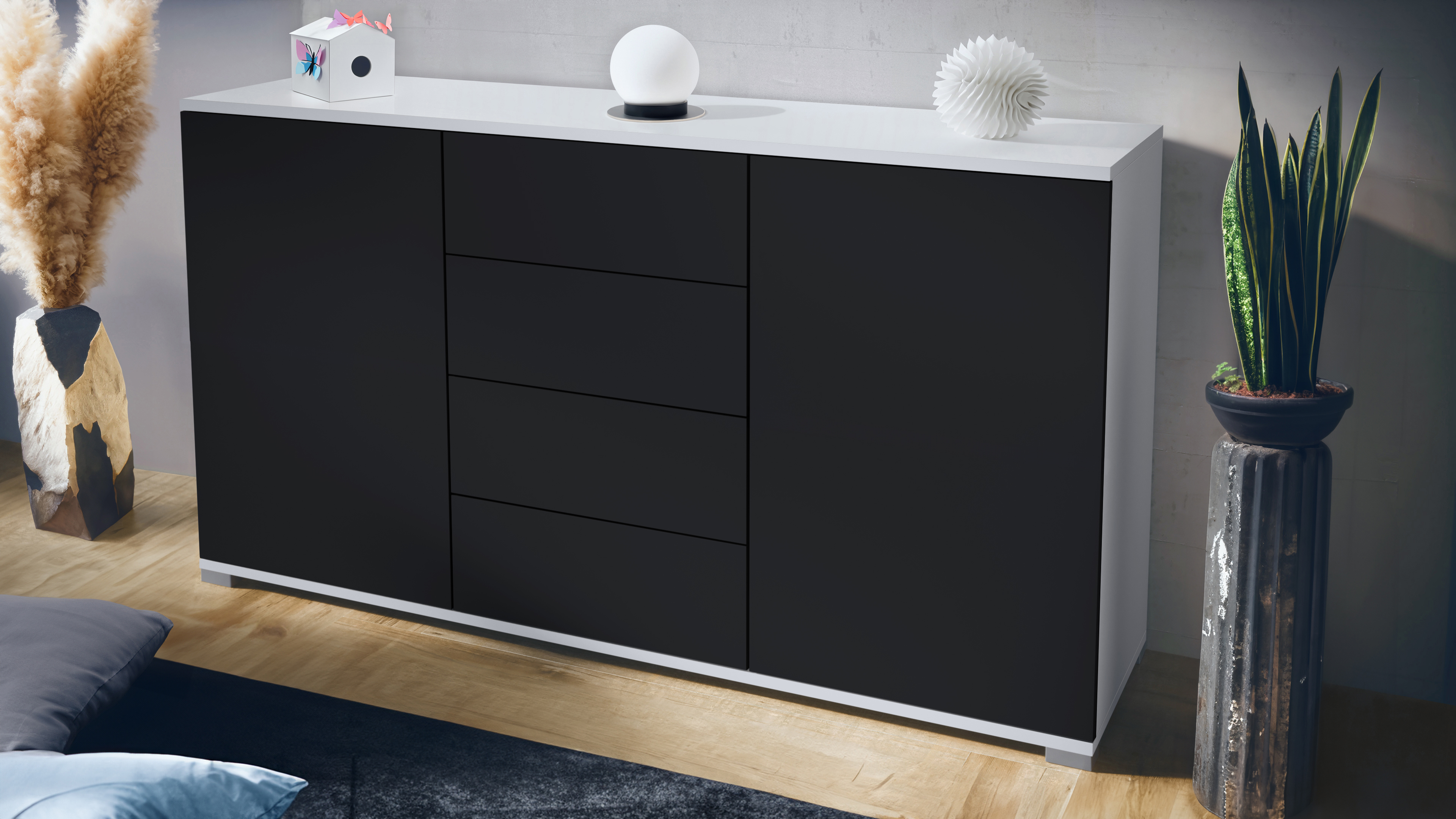 Santo V1 Sideboard Weiß mit 2 Türen und 4 Schubladen Weiß matt/Schwarz matt (138,5 x 75,5 x 35 cm)