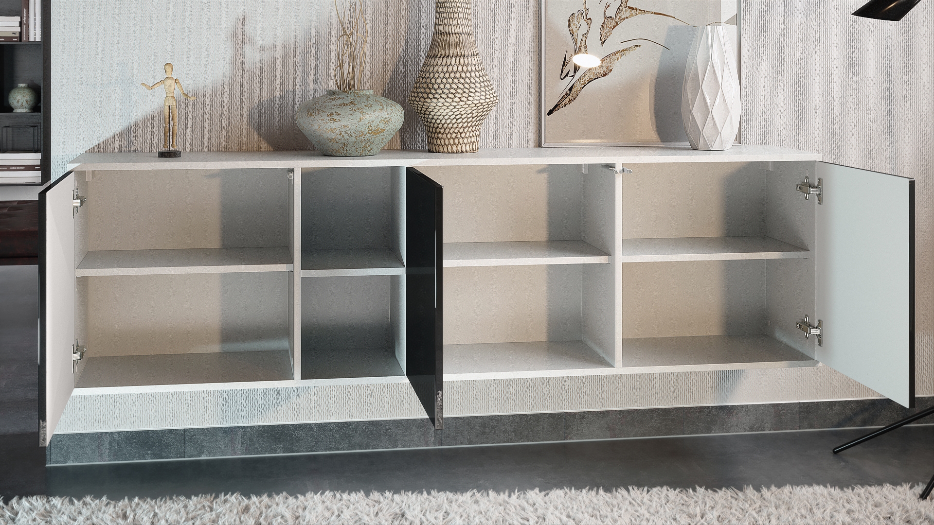 Sideboard Cuba  mit 3 Türen und 2 offene Fächer Weiß matt/3D Stahlgrau inkl. LED-Beleuchtung (182 x 53 x 35 cm)