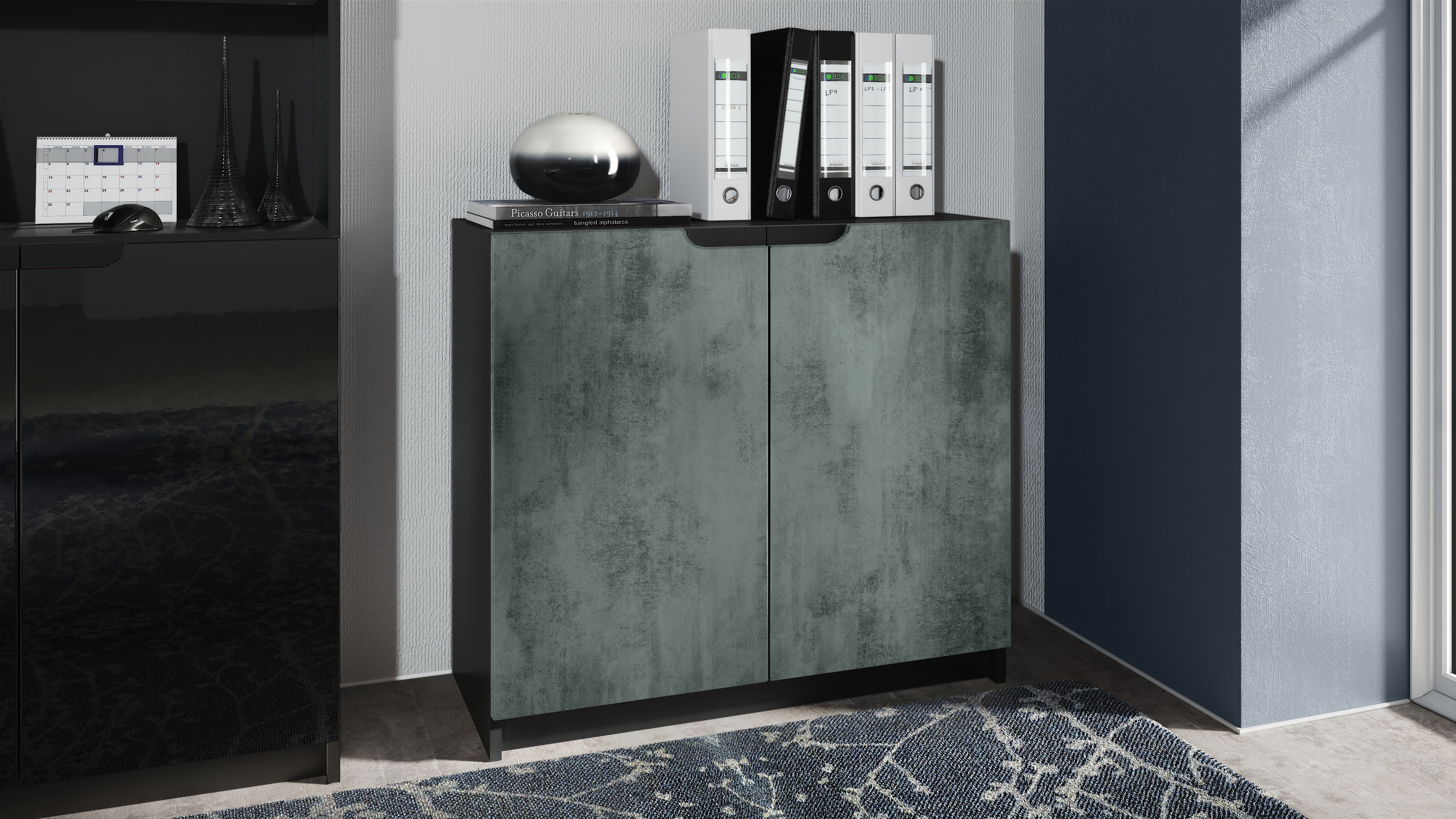 Kommode Logan mit 2 Türen Schwarz matt/Beton dunkel Optik (82 x 78 x 37 cm)