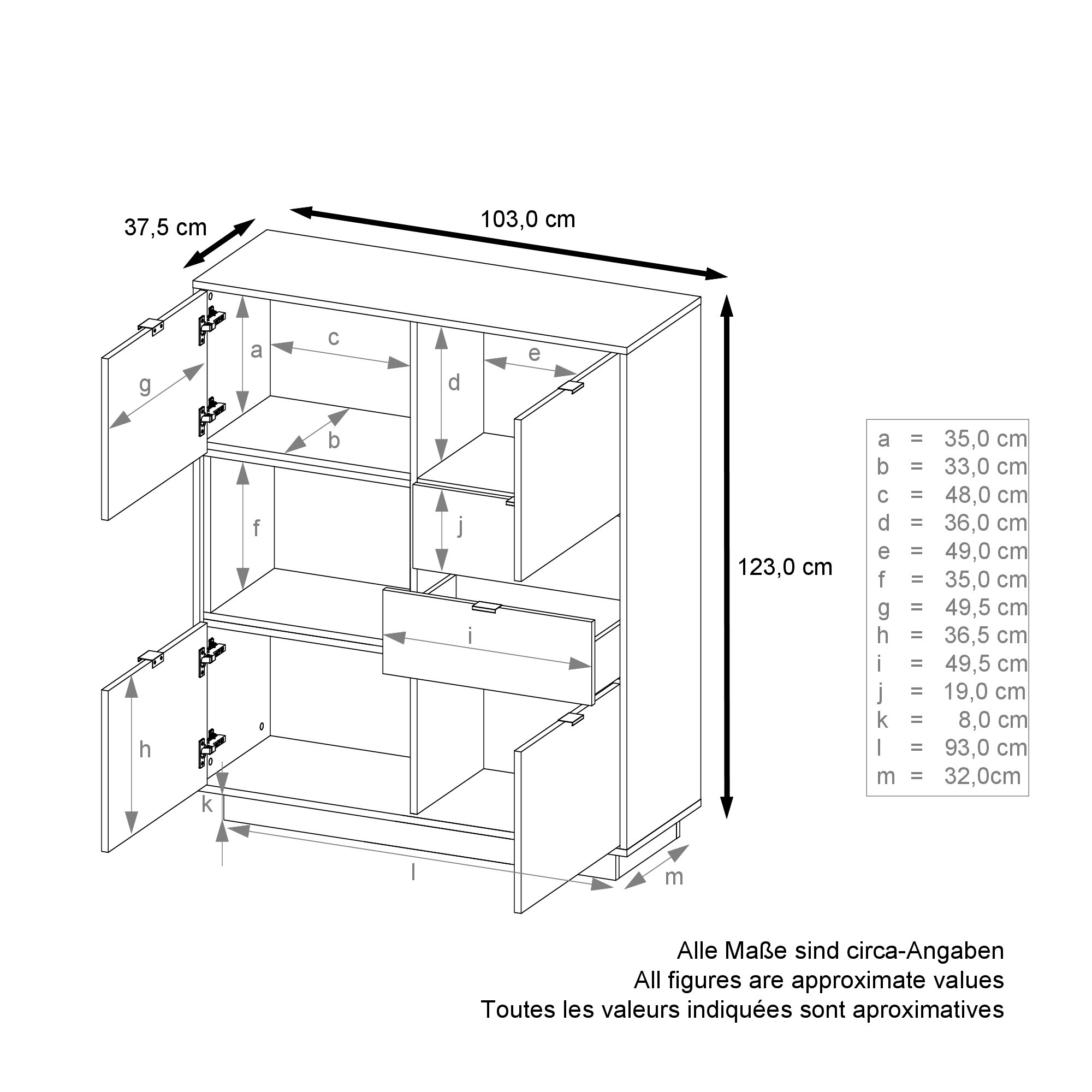 Highboard Metro  mit 4 Türen, 2 Schubladen und 1 offenem Fach Weiß Hochglanz/Beton Oxid Optik inkl. LED Beleuchtung (103x123x38 cm)