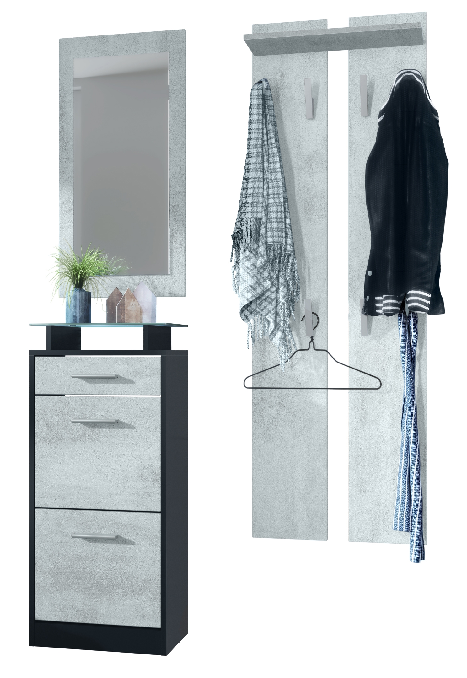 Garderobenset Loret V2 mini 1 Wandspiegel und 2 Garderobenpaneele Schwarz matt/Beton Oxid Optik (140 x 23 x 200 cm)