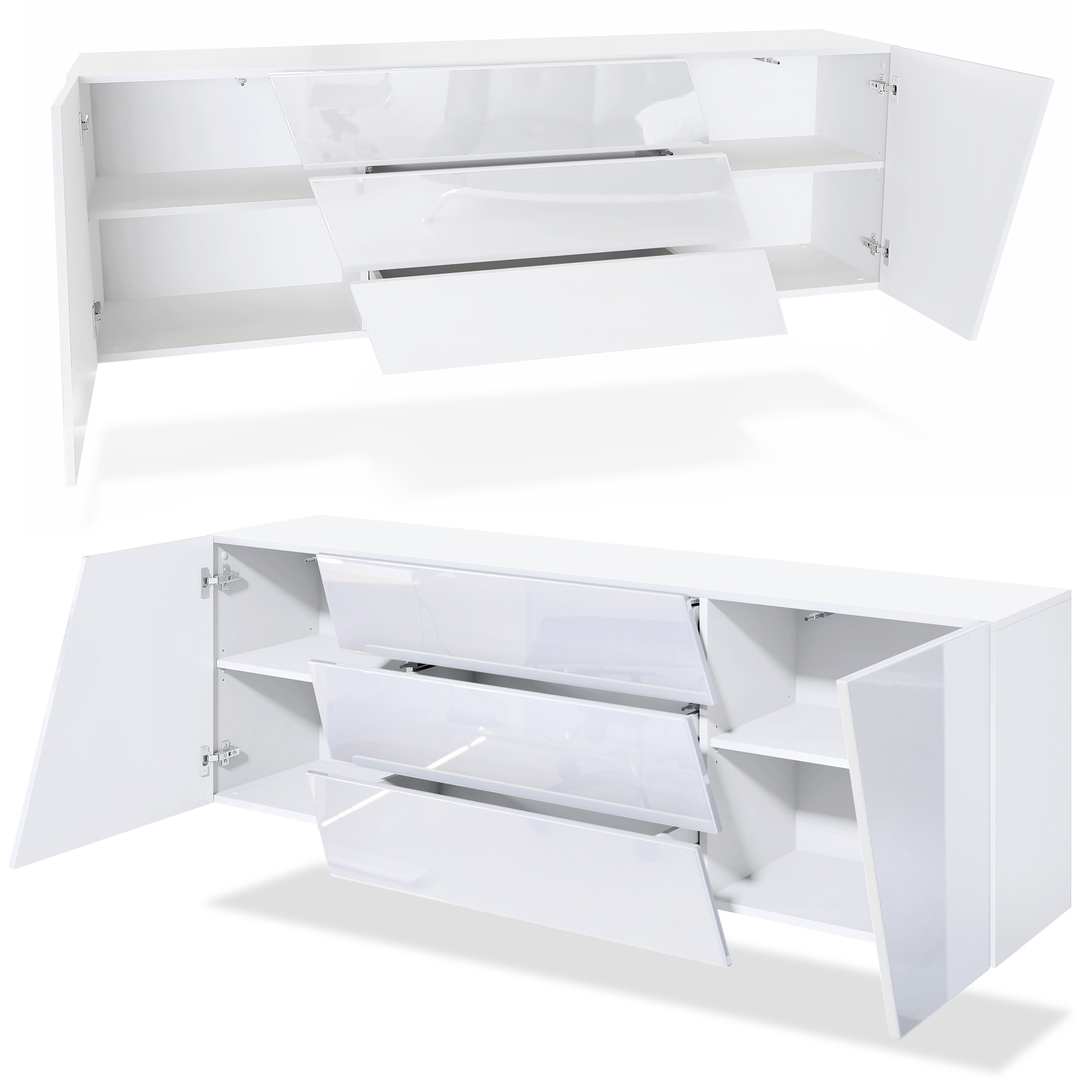 Houston Sideboard hängend mit 2 Türen und 3 Schubladen Weiß matt/Weiß Hochglanz/Schwarz Hochglanz (178 x 57,5 x 38,5 cm)