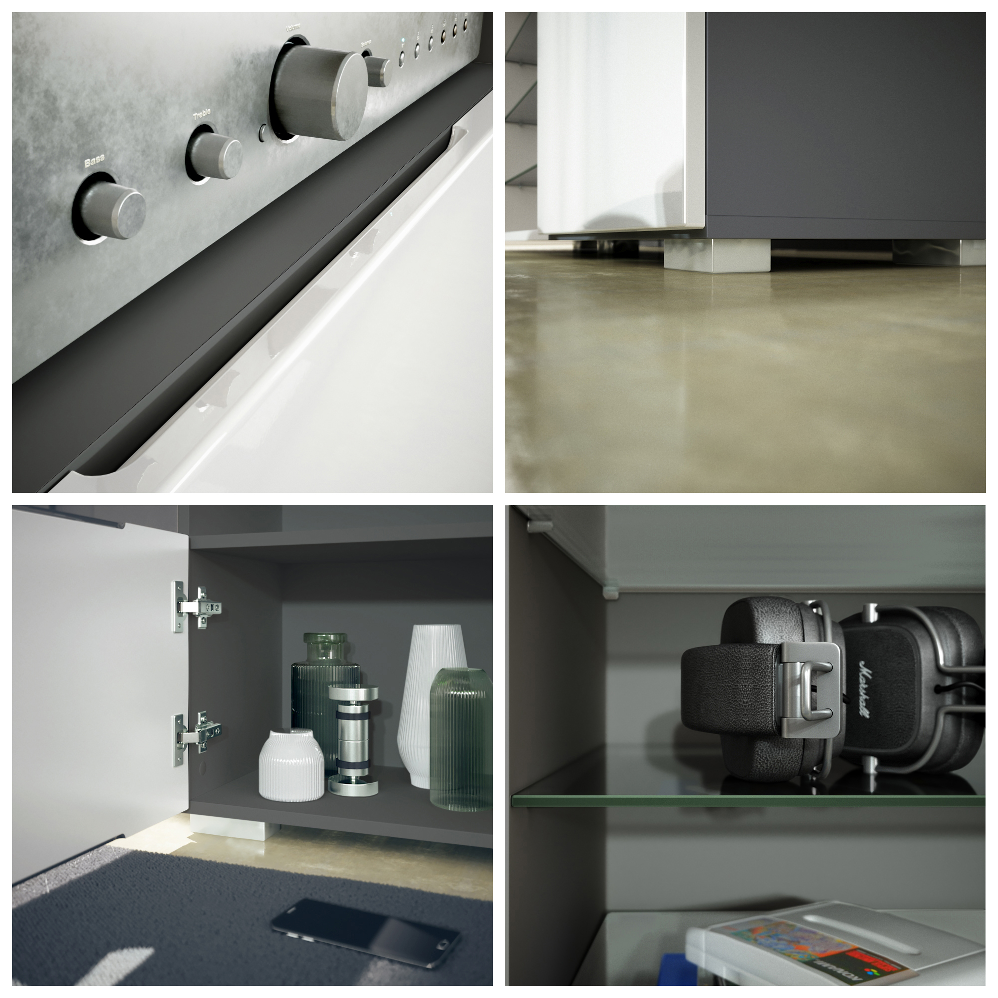 Wohnwand 3-tlg. Davos Anthrazit bestehend aus 2 Vitrinen und 1 TV-Board Anthrazit matt/Beton Oxid Optik (329 x 134 x 35 cm)