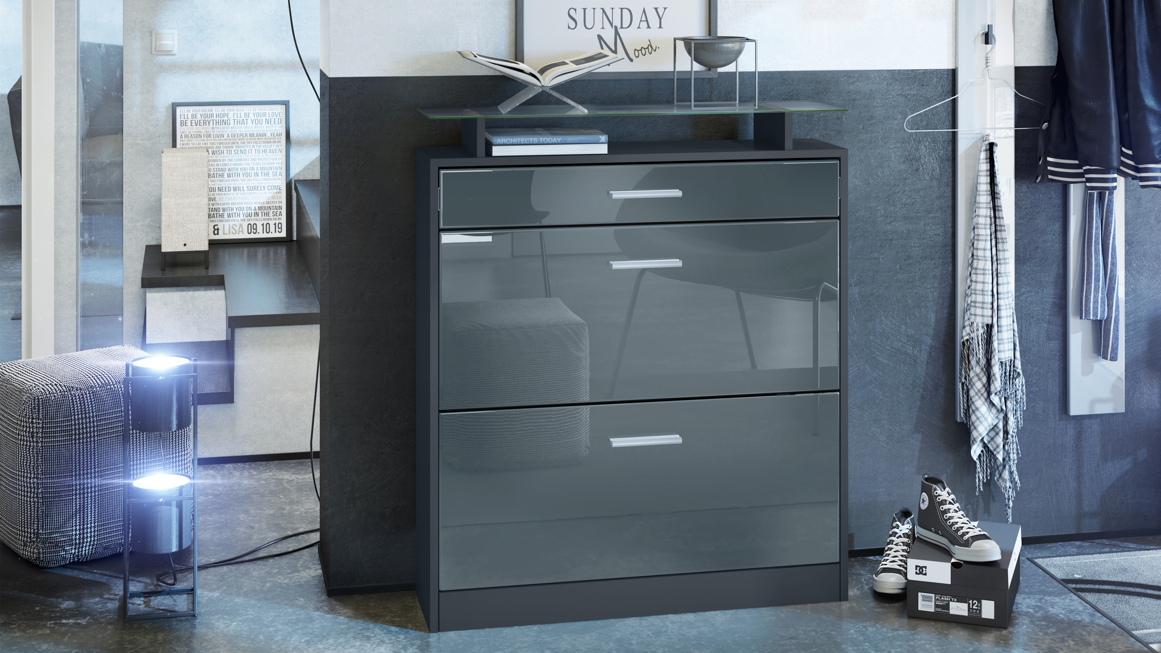 Schuhschrank Loret mit 2 Klappen und 1 Schublade und Glasablage  Anthrazit matt/Grau Hochglanz (89 x 104 x 23 cm)