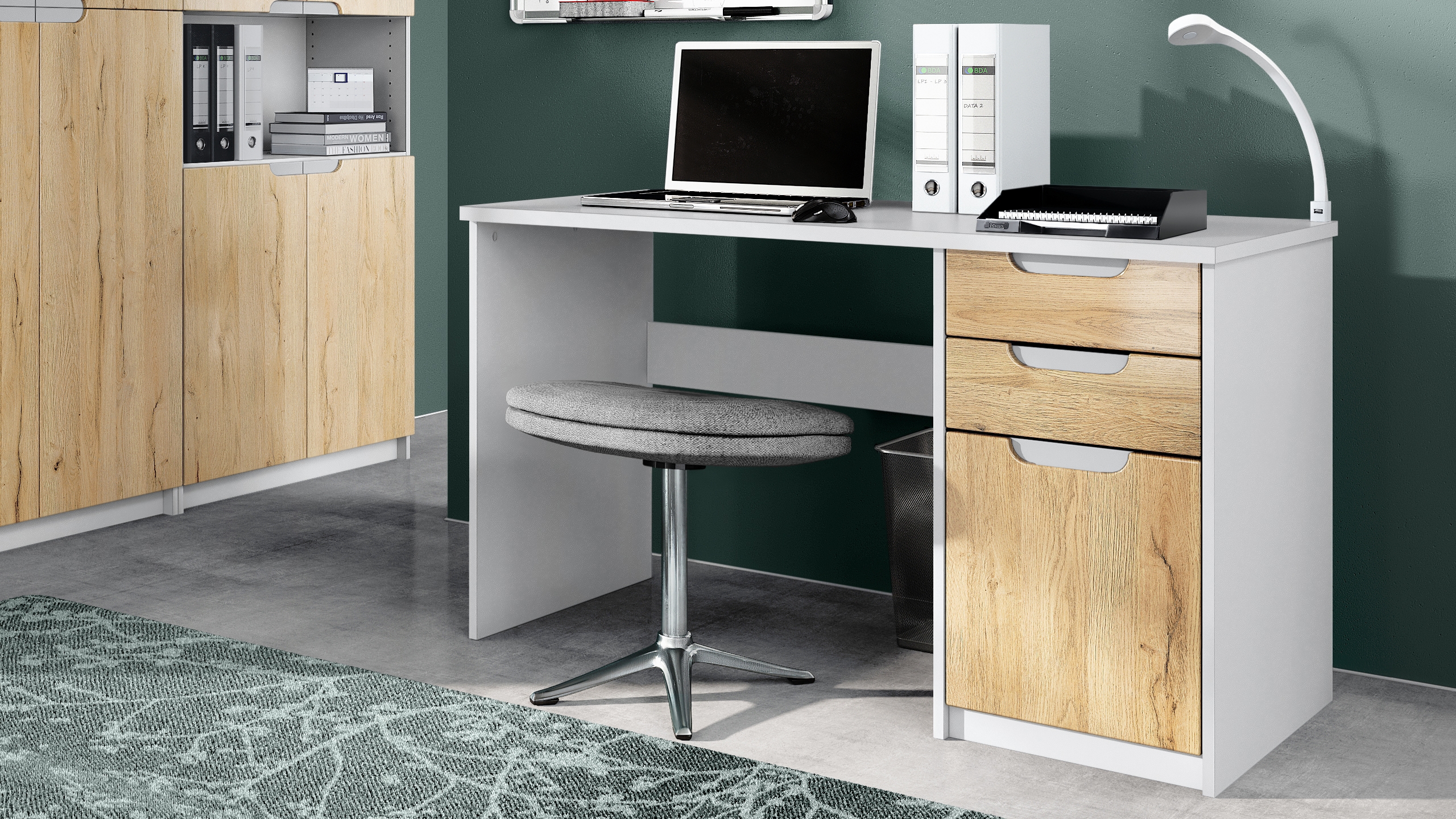 Büromöbel-Set Paris mit 1 Schreibtisch und 1 Druckerkommode Weiß matt / Eiche Natur