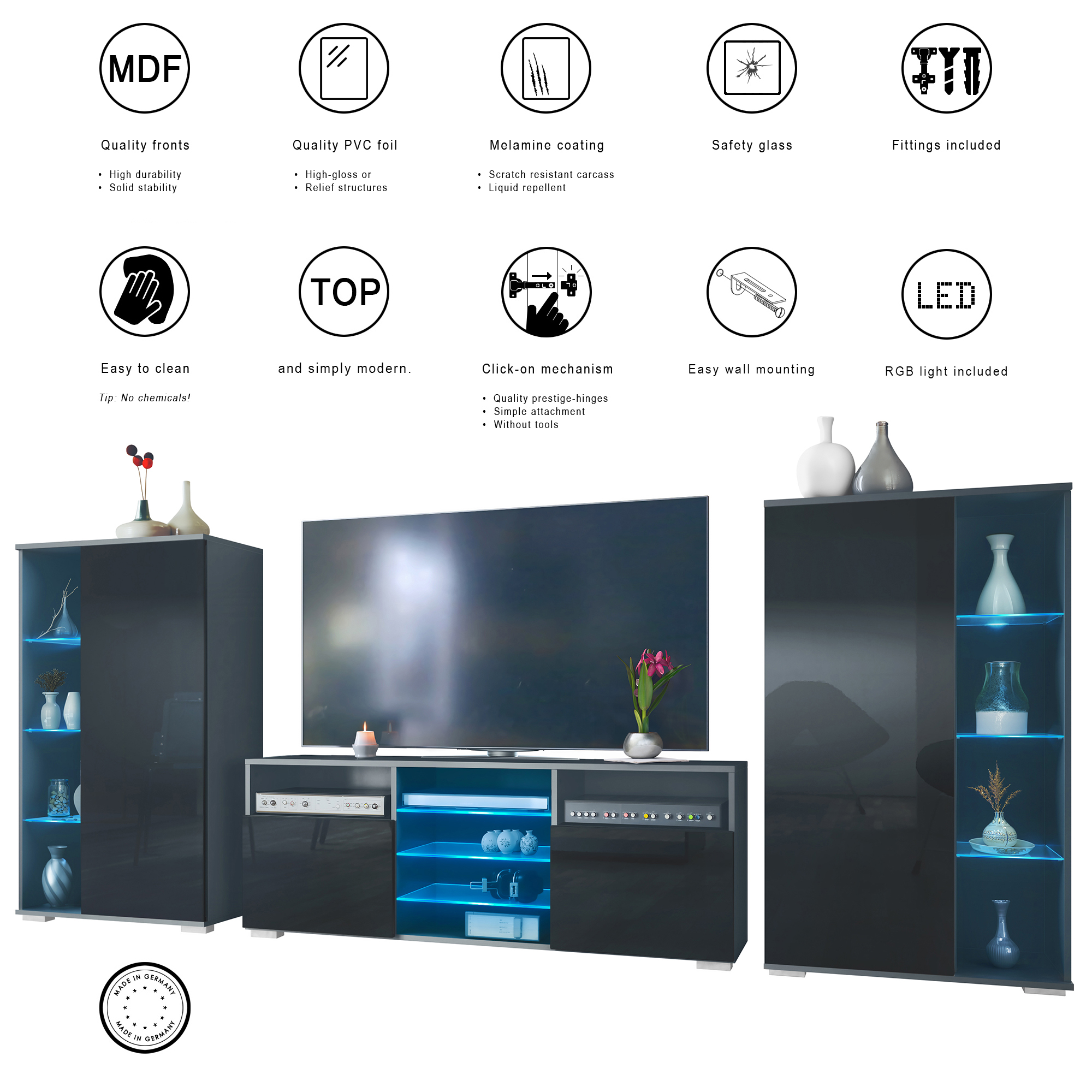 Wohnwand 3-tlg. Davos Anthrazit LED bestehend aus 2 Vitrinen, 1 TV-Board und LED-Beleuchtung Anthrazit matt/Eiche Natur (329 x 134 x 35 cm)