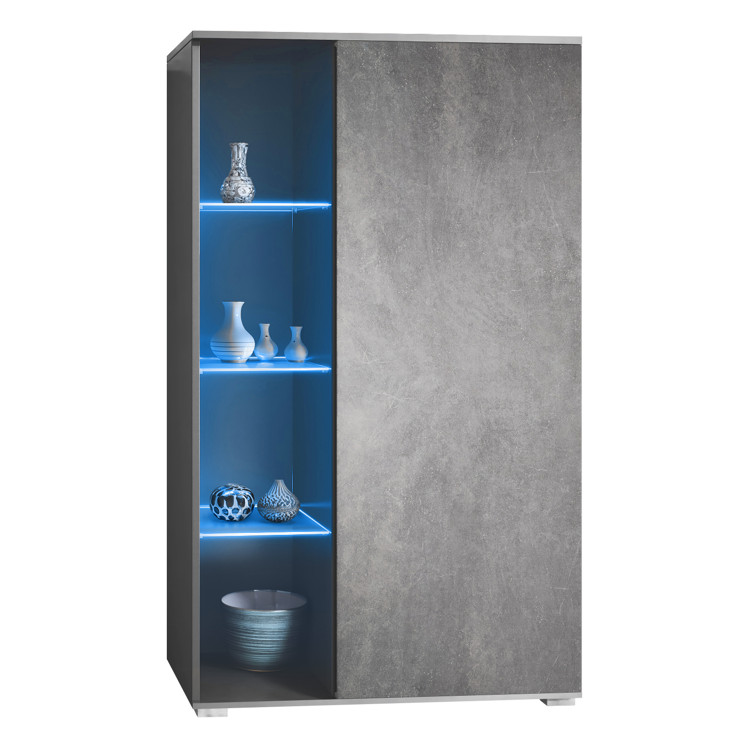 Vitrine Davos mit 3 Glasböden und 8 Fächer inkl. LED Anthrazit matt/Steingrau (71,5 x 134 x 35 cm)
