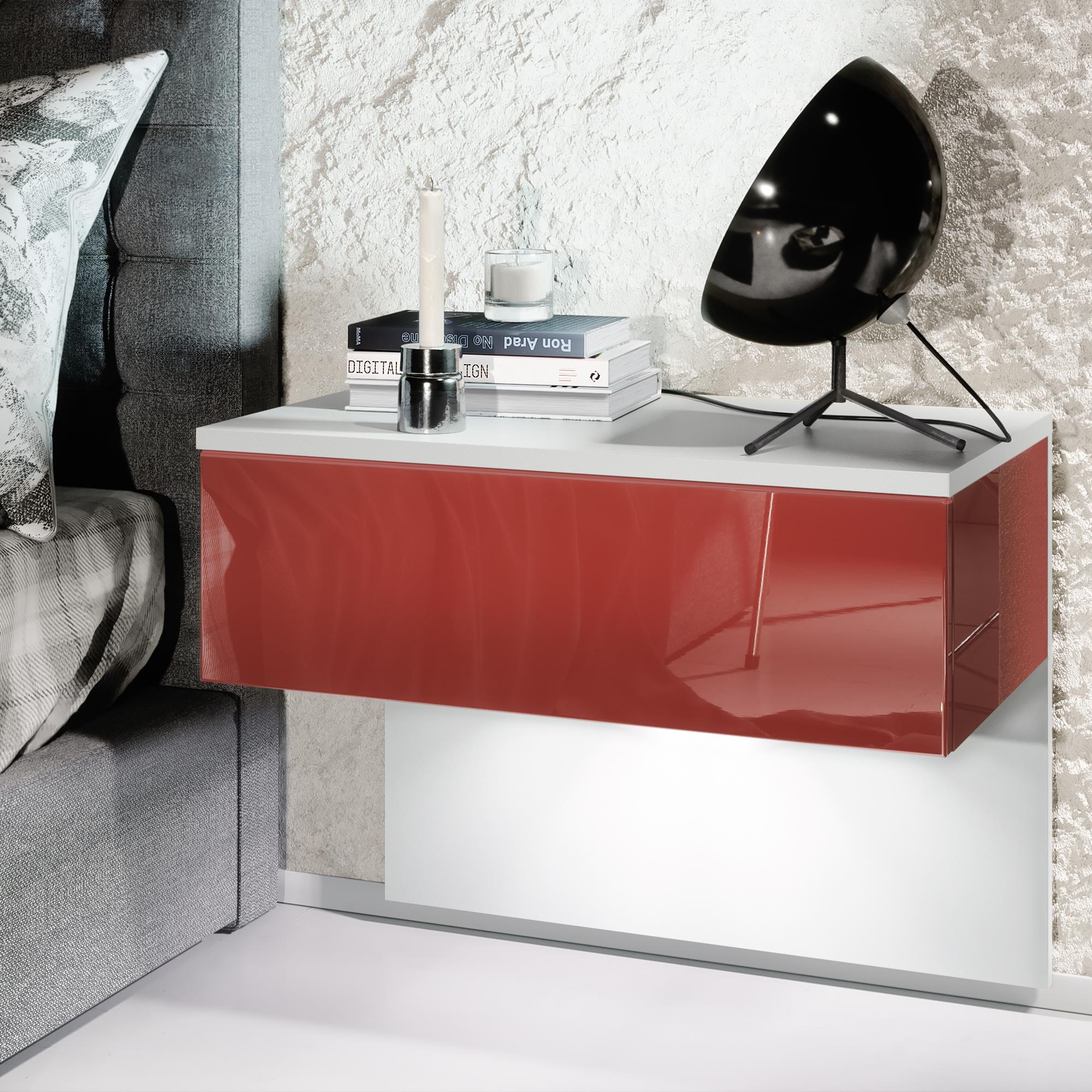 Nachttisch Sleep  mit Schublade zur Wandmontage Weiß matt/Bordeaux Hochglanz, inkl. LED-Beleuchtung (60 x 46 x 35 cm)