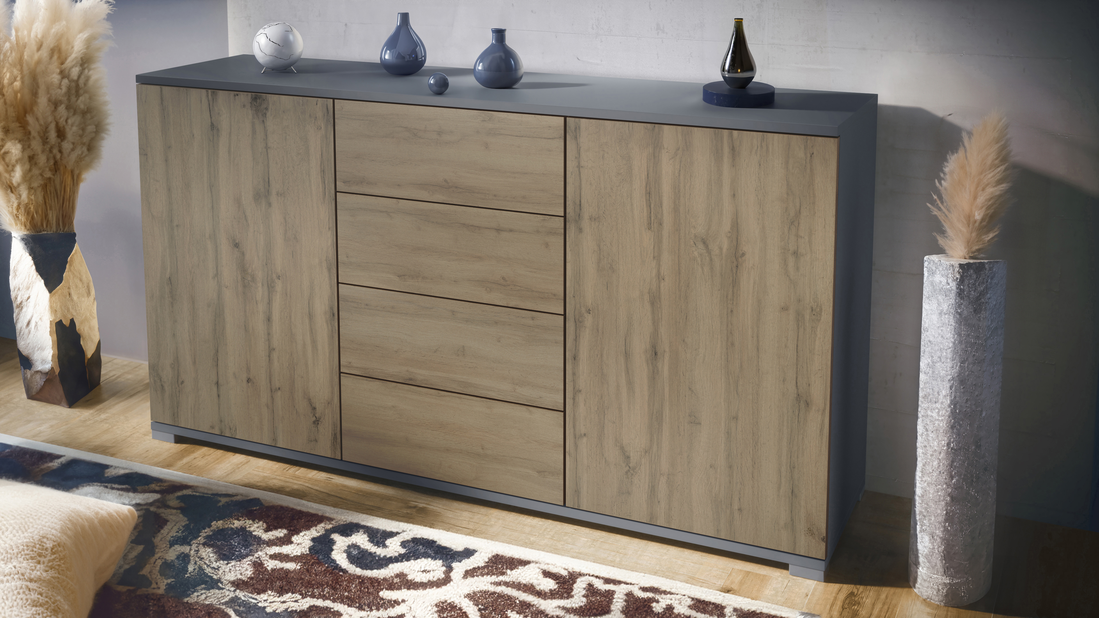 Santo V1 Sideboard Anthrazit mit 2 Türen und 4 Schubladen Anthrazit matt/Eiche Evoke (138,5 x 75,5 x 35 cm)