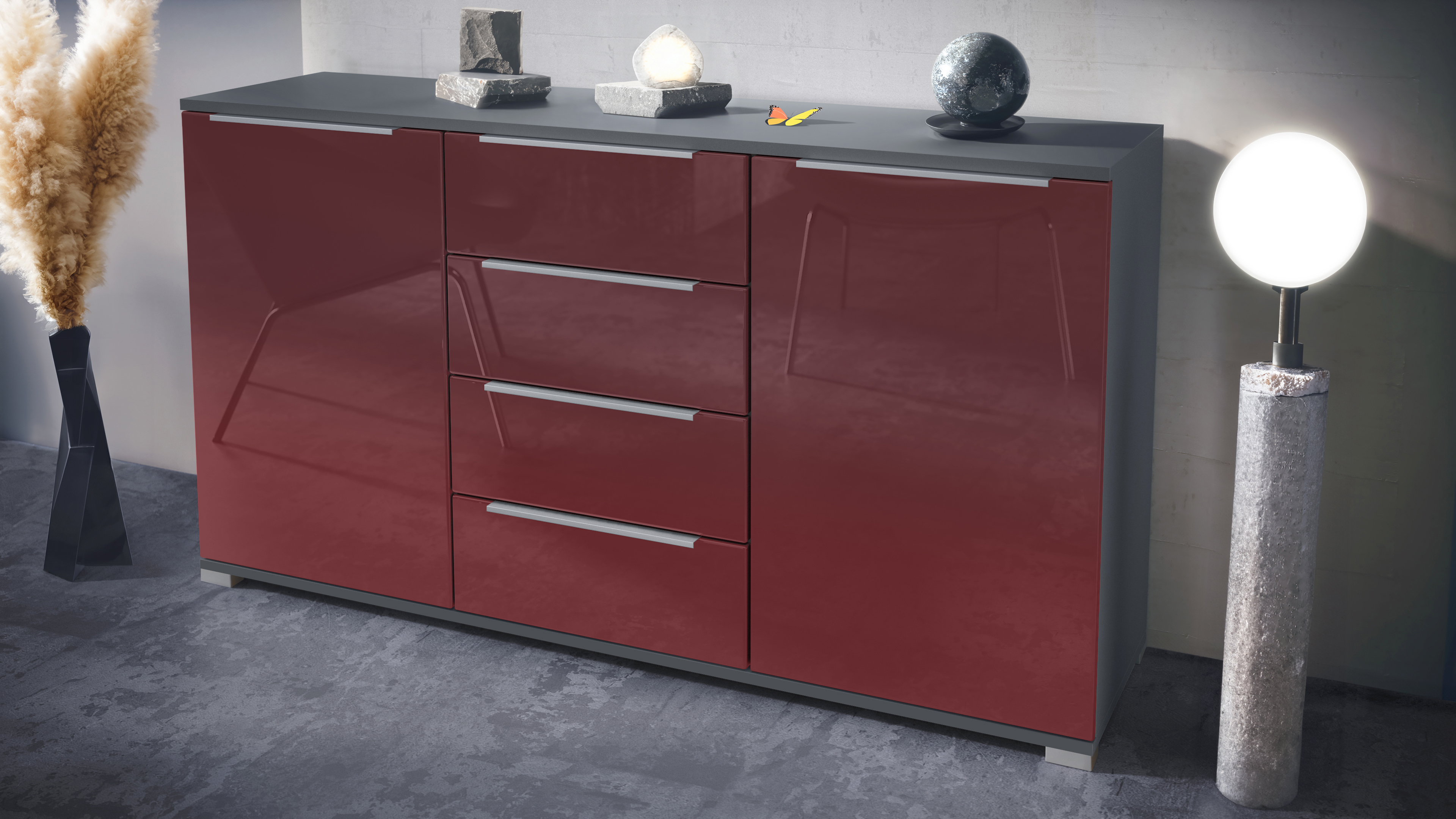 Linio V1 Sideboard Anthrazit mit 2 Türen und 4 Schubladen Anthrazit matt/Bordeaux Hochglanz (138,5 x 75,5 x 35 cm)