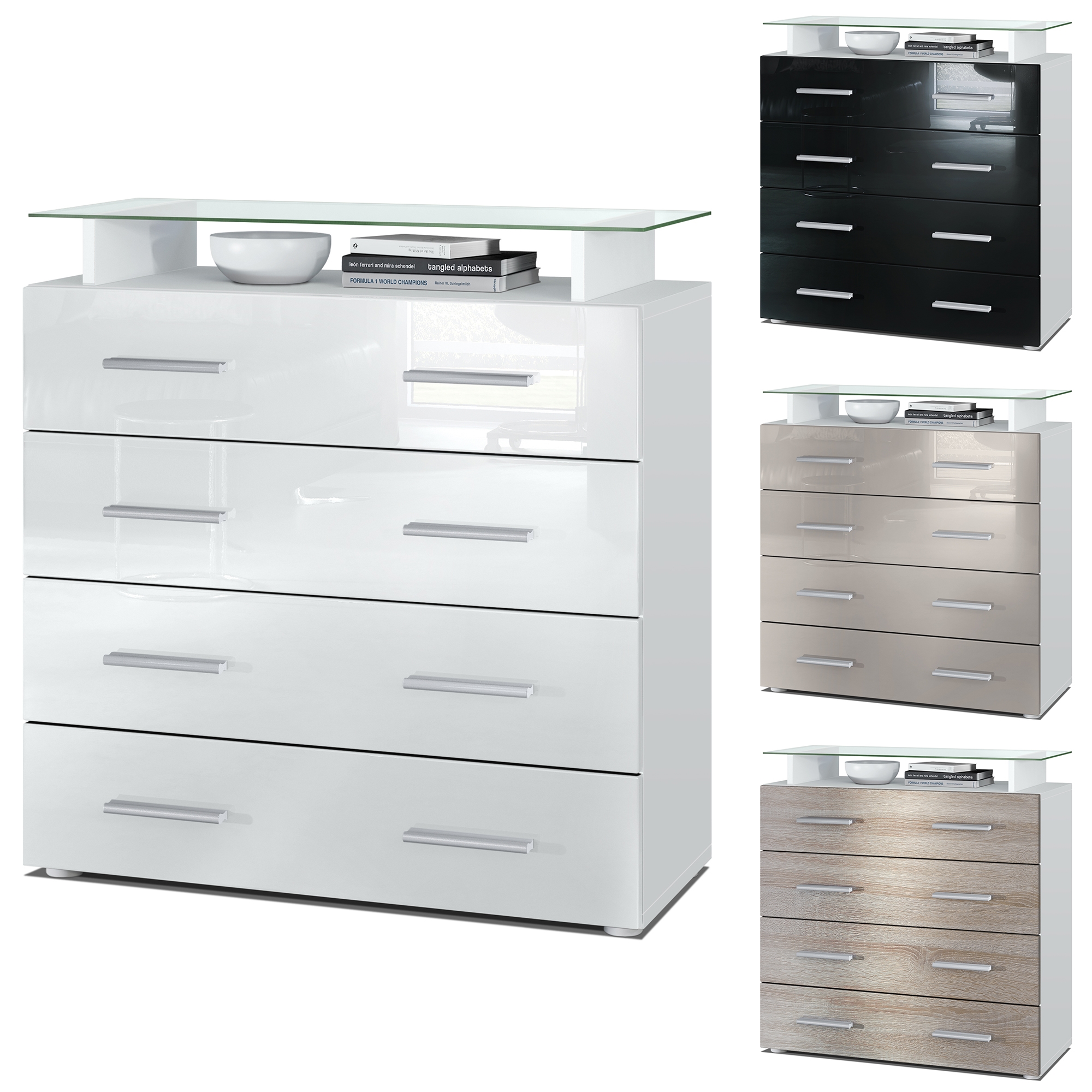 Kommode Pavos V2 mit 4 Schubladen und Glasablage Weiß matt/Creme Hochglanz (76 x 81 x 35 cm)