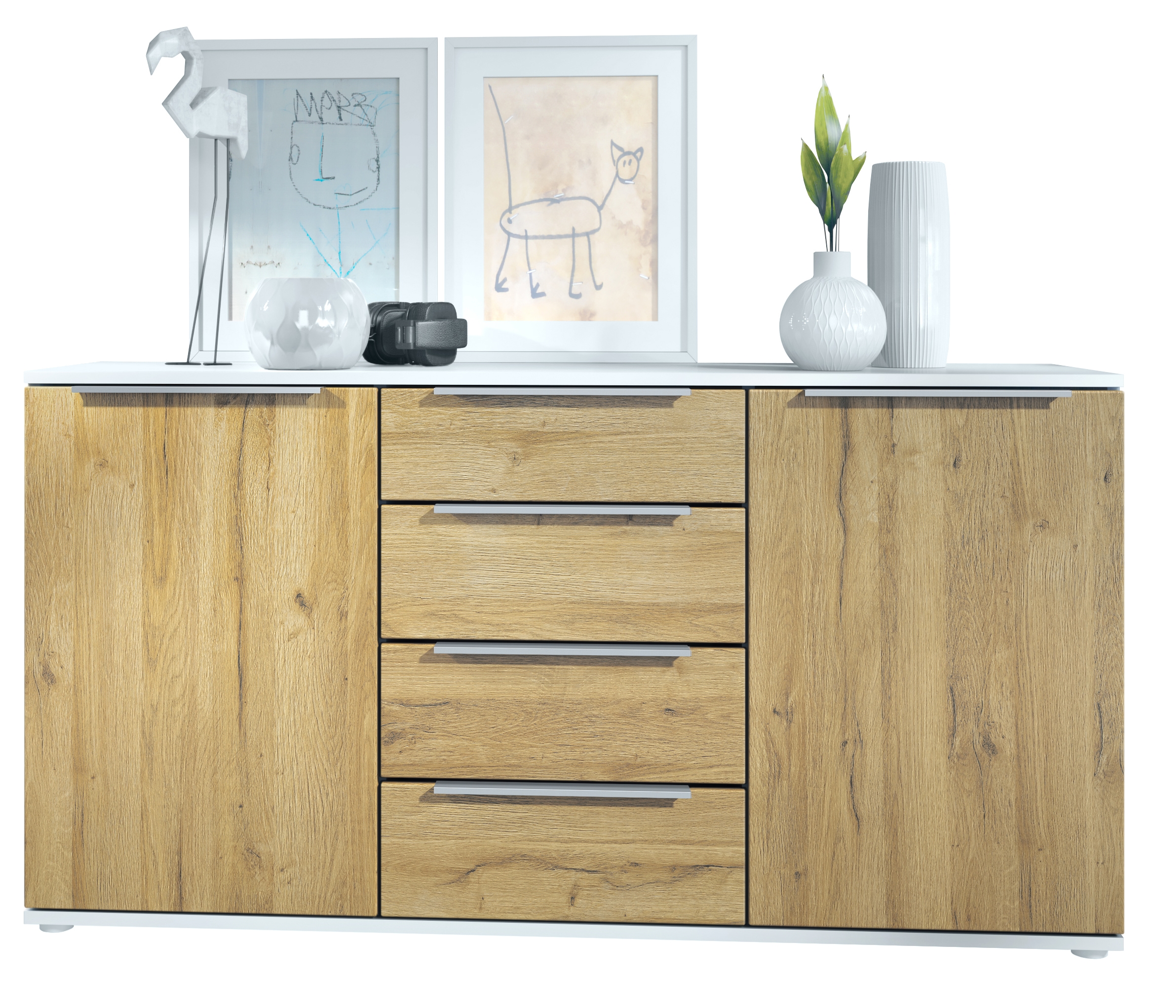 Linio V1 Sideboard  mit 2 Türen und 4 Schubladen Weiß matt/Eiche Natur (139 x 72,5 x 35 cm)