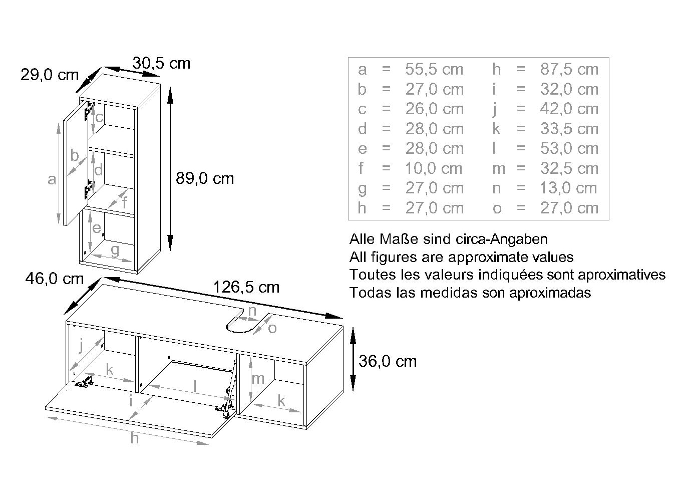 Badmöbel-Set La Costa 1 Unterschrank und 1 LED-Spiegel Korpus Weiß matt/Fronten Beton Oxid Optik (‎126,5 x 195 x 46 cm)