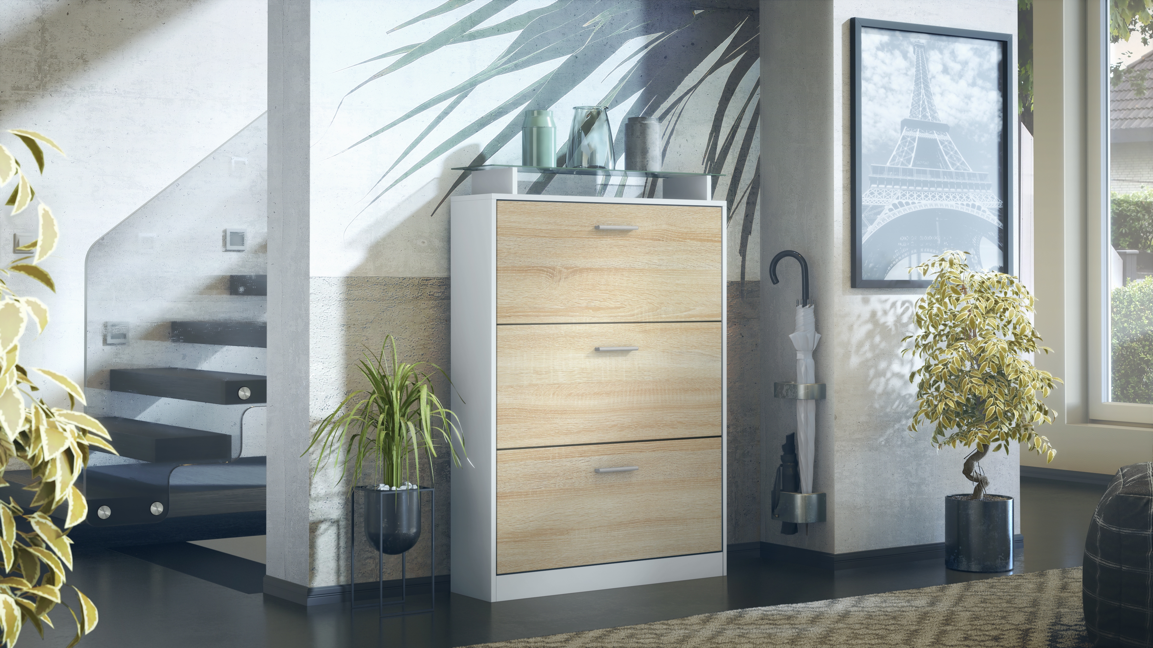 Schuhschrank Lavia  für 24 Paar Schuhe mit 3 Klappen und Glasablage Weiß matt/Eiche sägerau (89 x 128 x 23 cm)