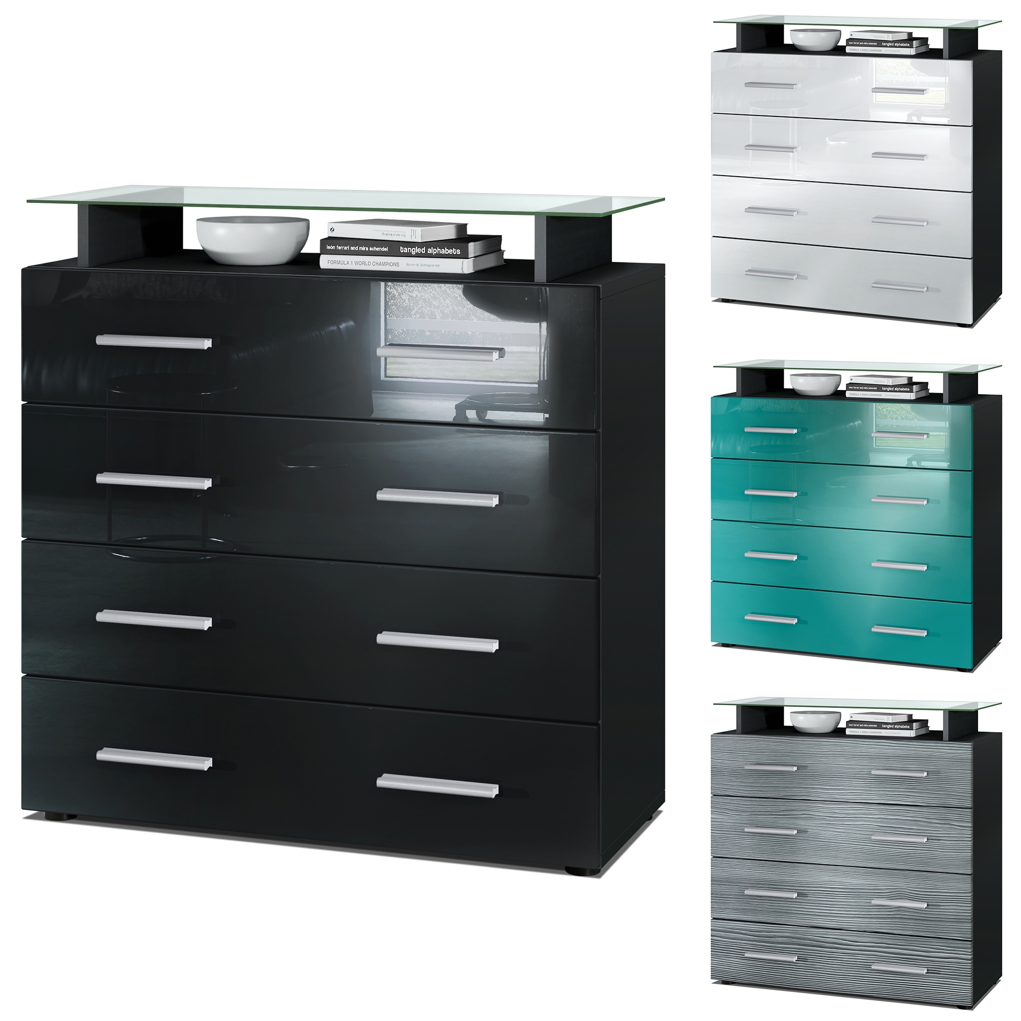 Kommode Pavos V2 mit 4 Schubladen und Glasablage Schwarz matt/Weiß Hochglanz (76 x 81 x 35 cm)