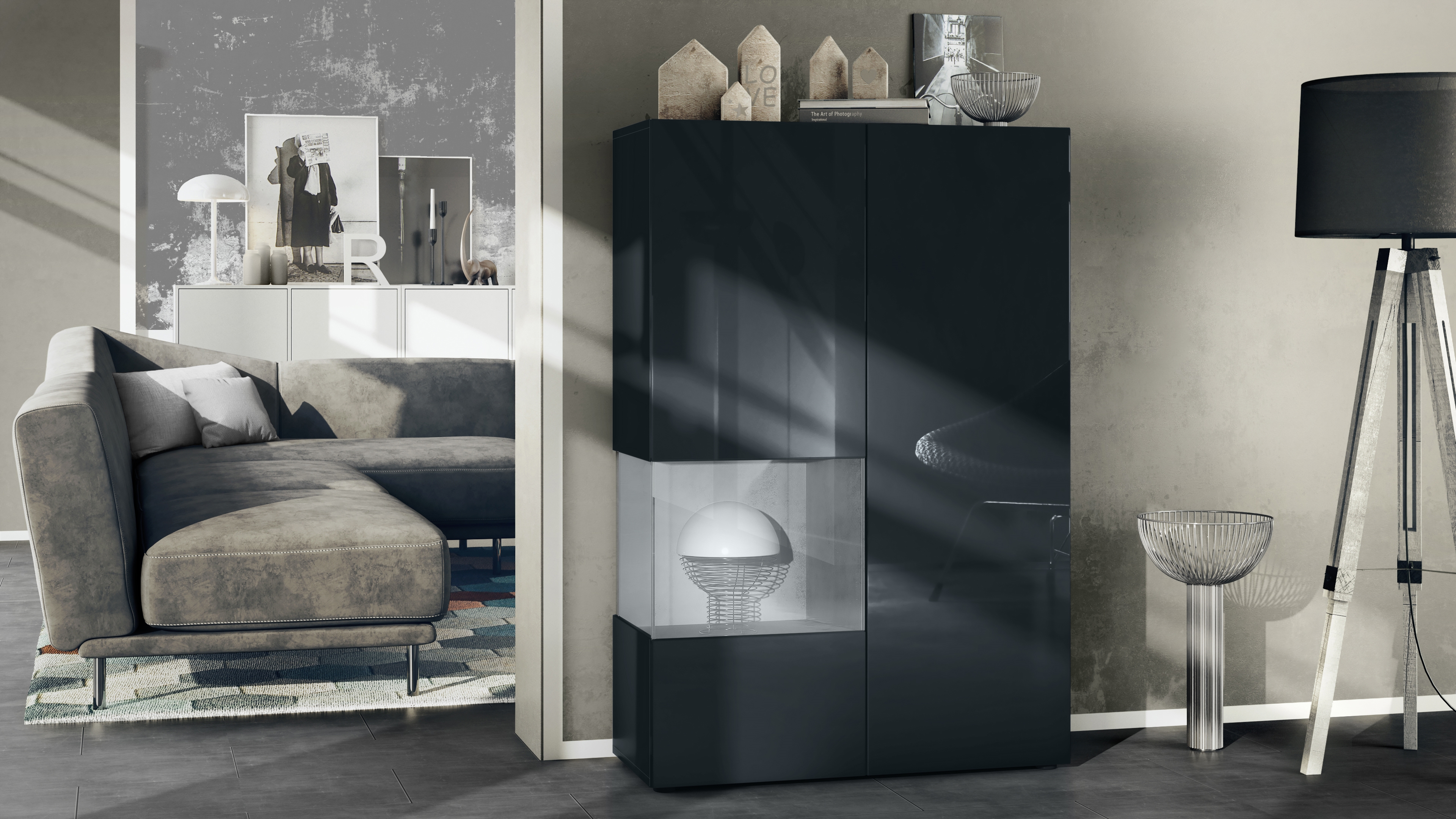 ​Vitrine Morena V2 mit 2 Türen und Glaseinsatz Schwarz matt/Schwarz Hochglanz/Beton Oxid Optik(91,5 x 136,5 x 37 cm)