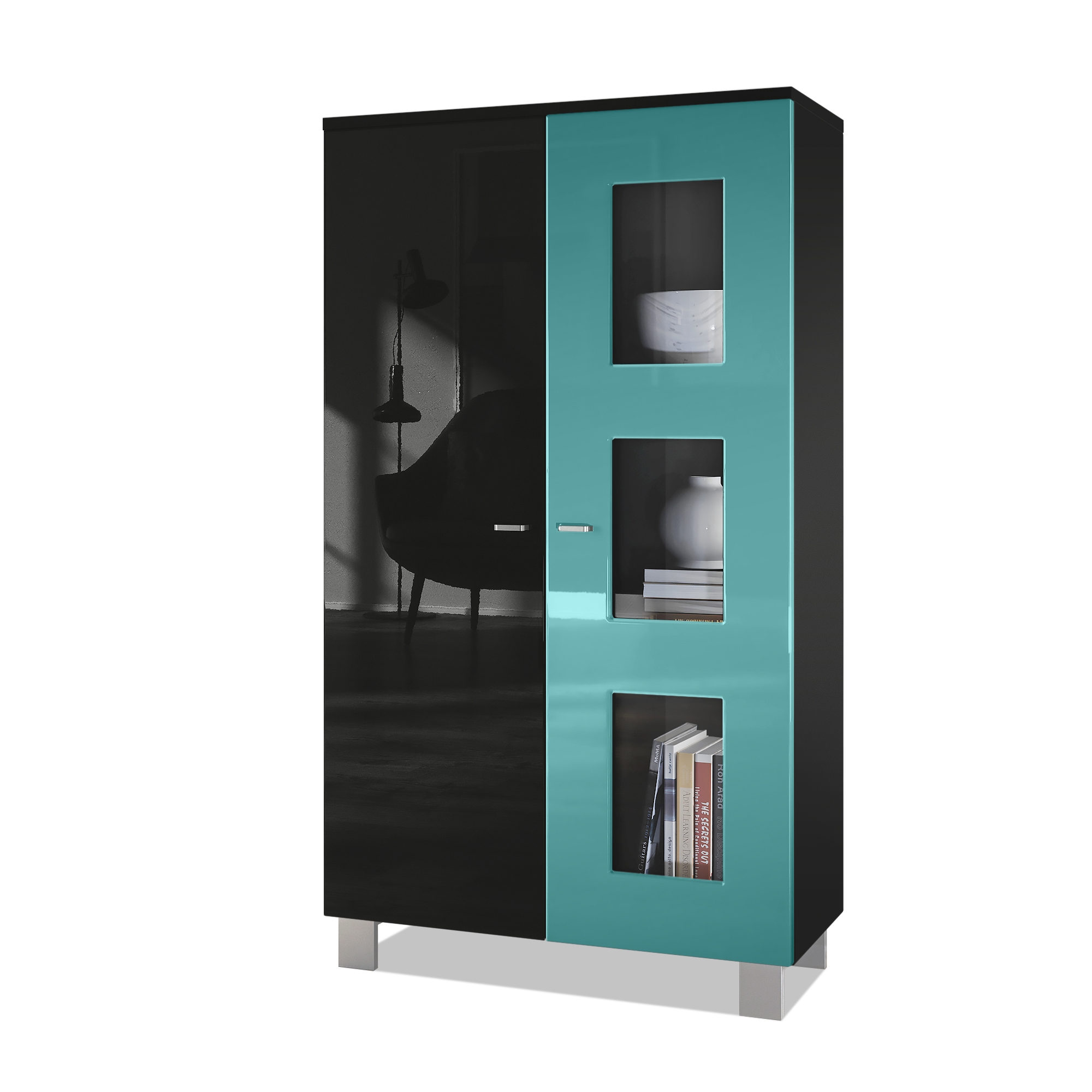 Vitrine Denjo  mit 2 Türen und 3 Glaseinsätzen Schwarz matt/ Schwarz Hochglanz/ Petrol Hochglanz (71 x 129 x 35 cm)