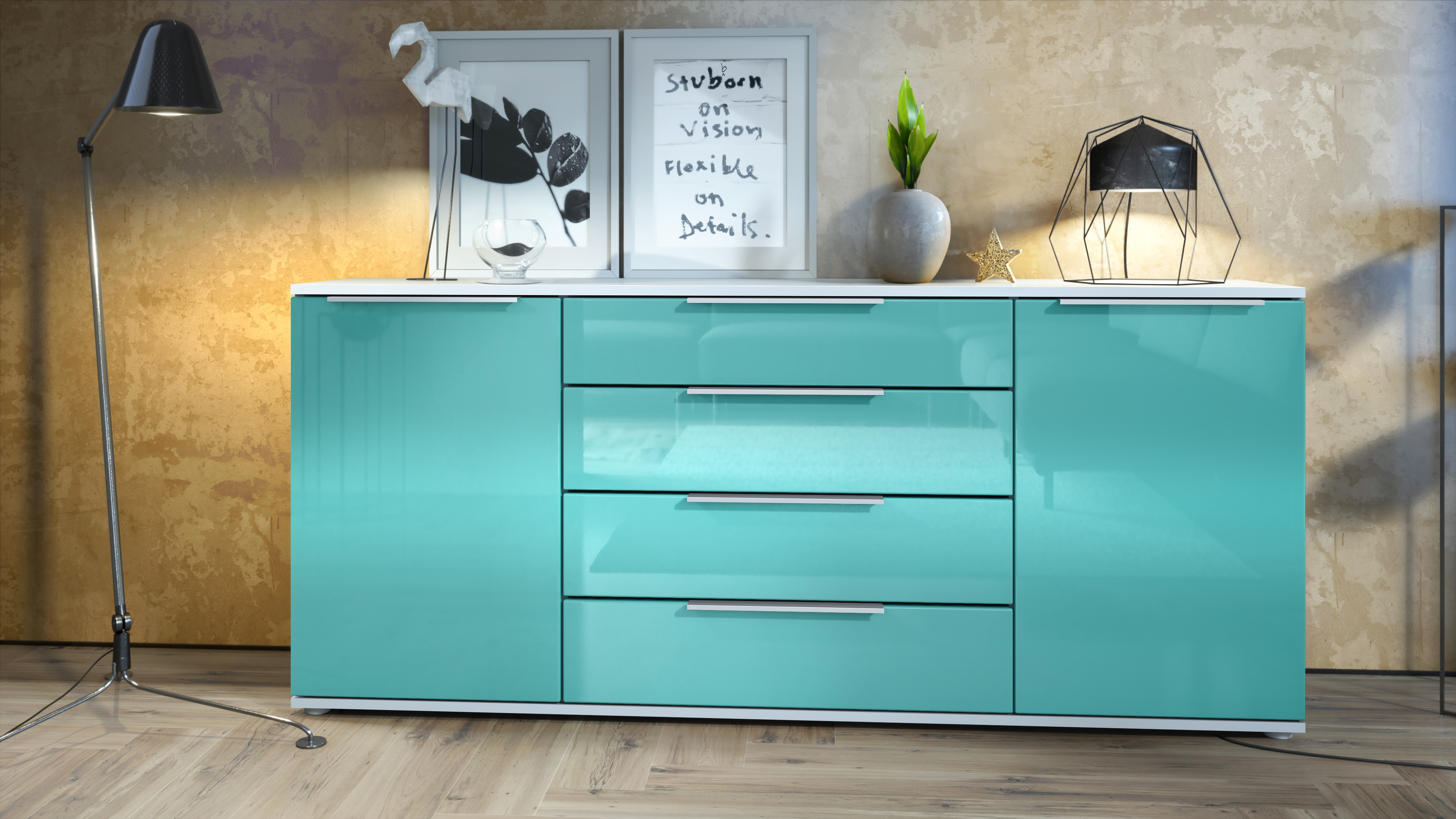 Linio V2 Sideboard mit 2 Türen und 4 Schubladen Weiß matt/Petrol Hochglanz (166,5 x 72,5 x 35 cm)