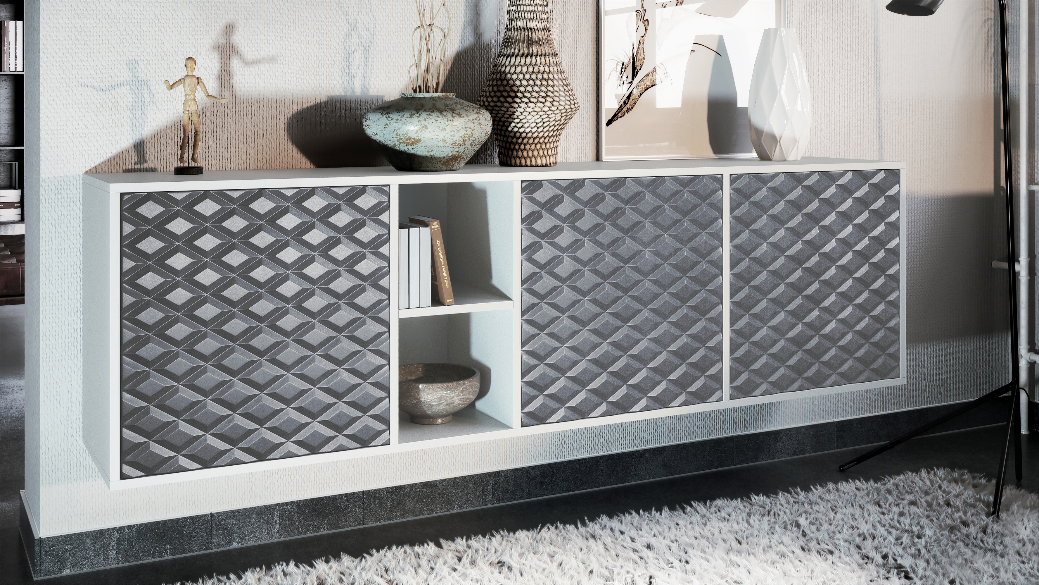 Sideboard Cuba  mit 3 Türen und 2 offene Fächer Weiß matt/3D Stahlgrau (182 x 53 x 35 cm)