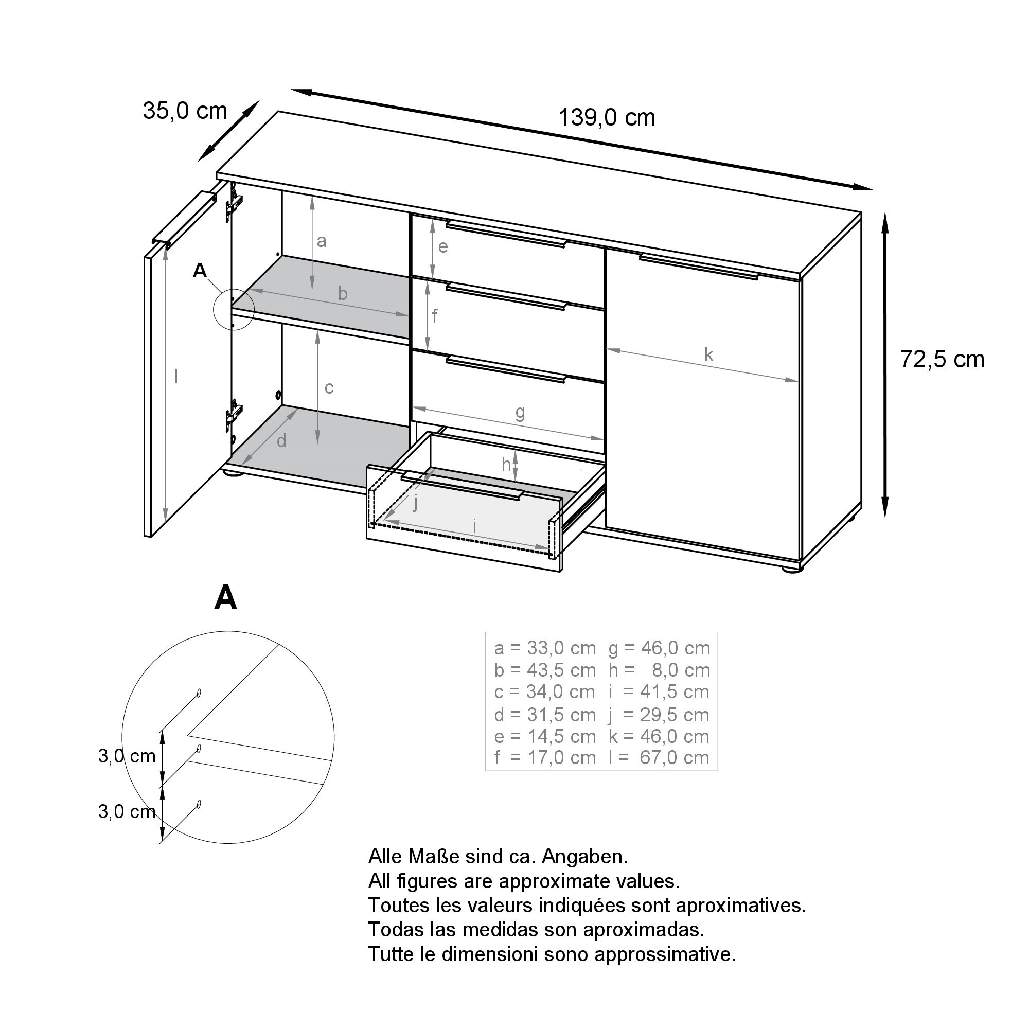 Linio V1 Sideboard  mit 2 Türen und 4 Schubladen Weiß matt/Petrol Hochglanz (139 x 72,5 x 35 cm)
