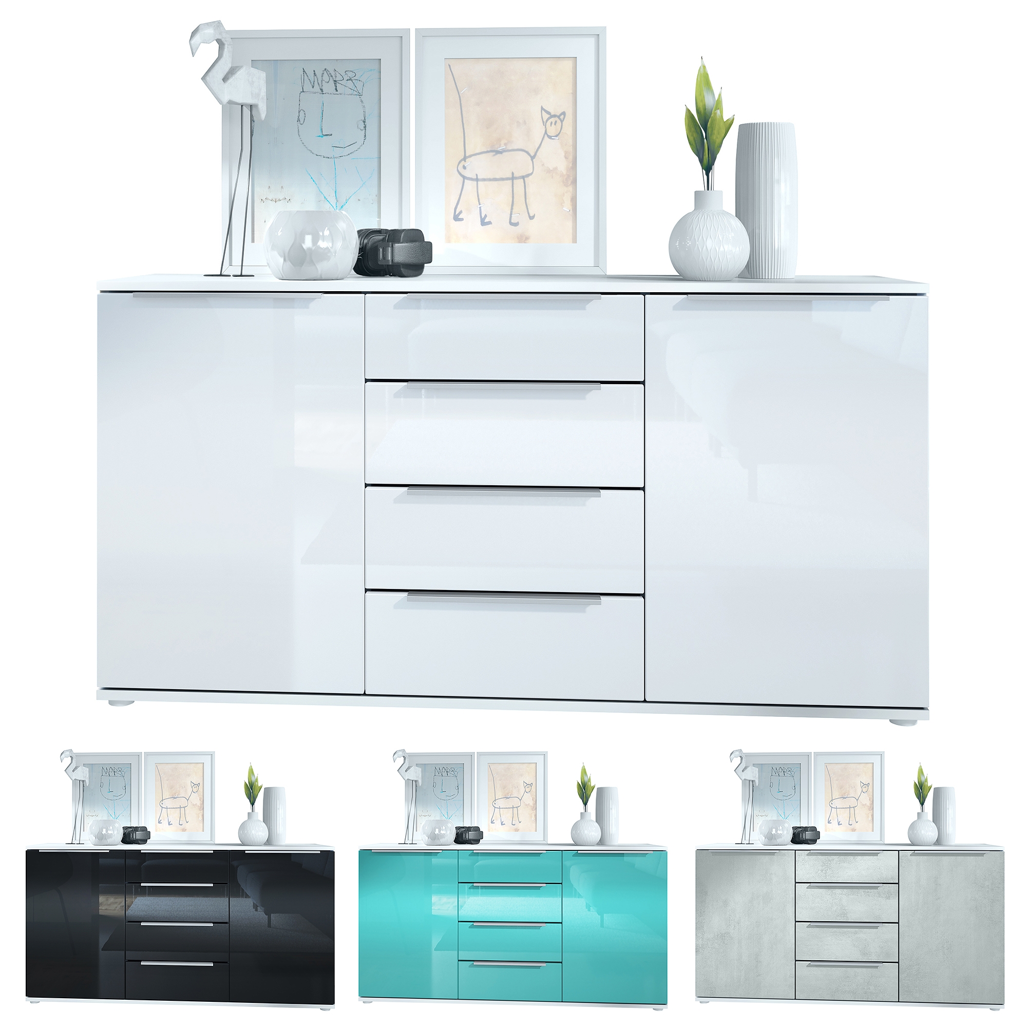Linio V1 Sideboard  mit 2 Türen und 4 Schubladen Weiß matt/Petrol Hochglanz (139 x 72,5 x 35 cm)