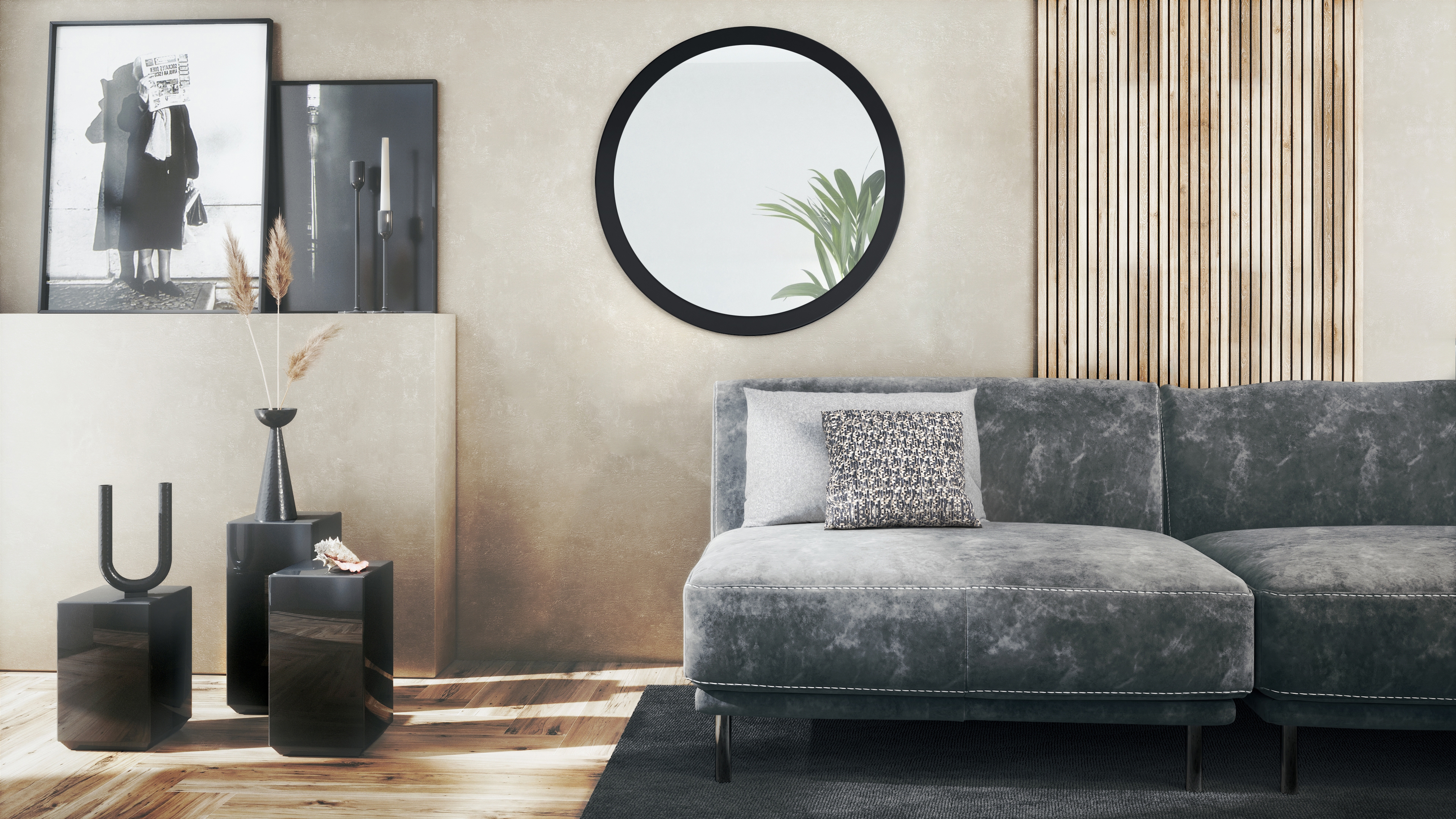 Globe Spiegel Typ 80 für Flur und Wohnzimmer mit MDF-Rahmen in Schwarz matt (80 cm Durchmesser)