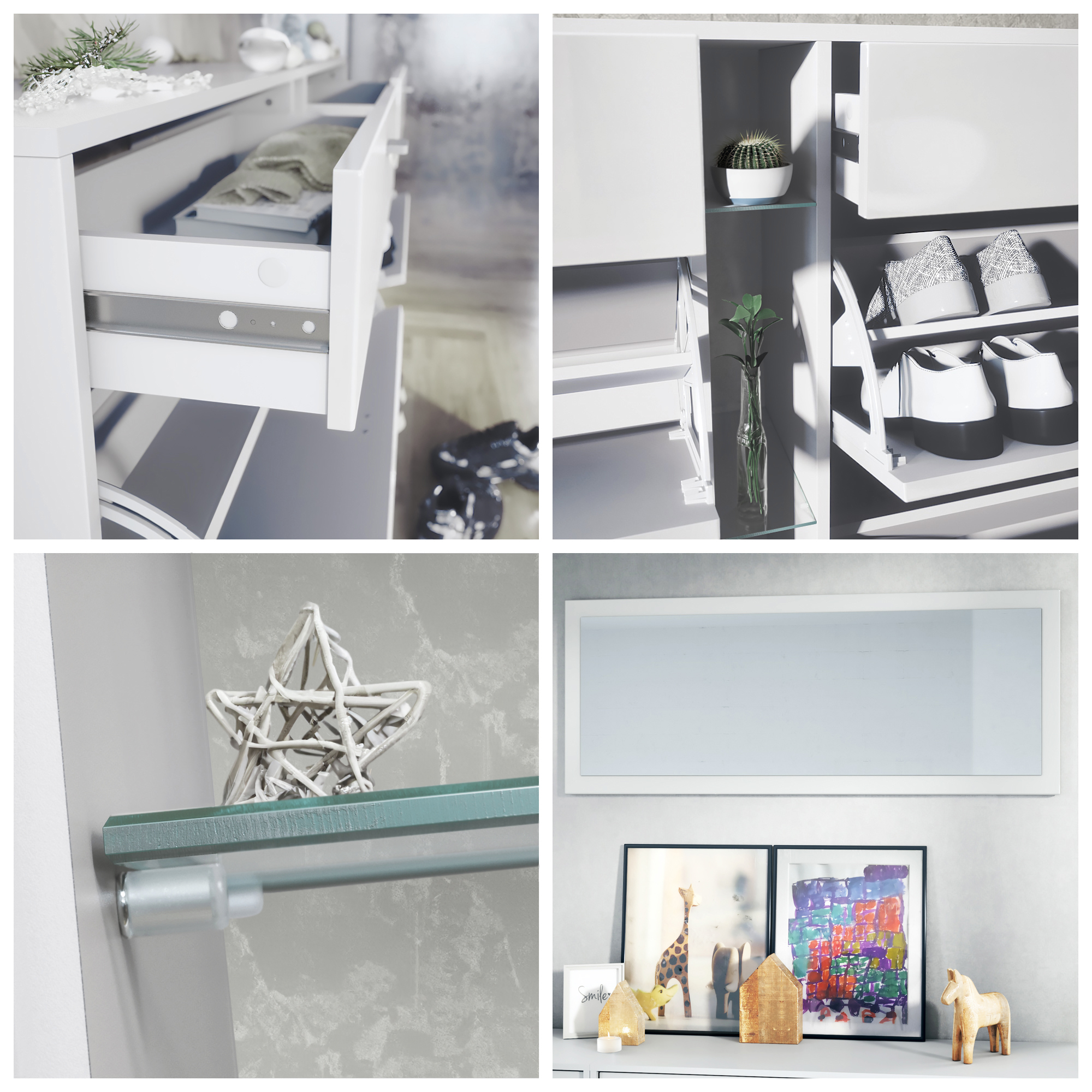 Garderobenset 3-tlg. Orlando mit Schuhschrank, Wandpaneel und Wandspiegel Weiß matt/Beton Oxid Optik