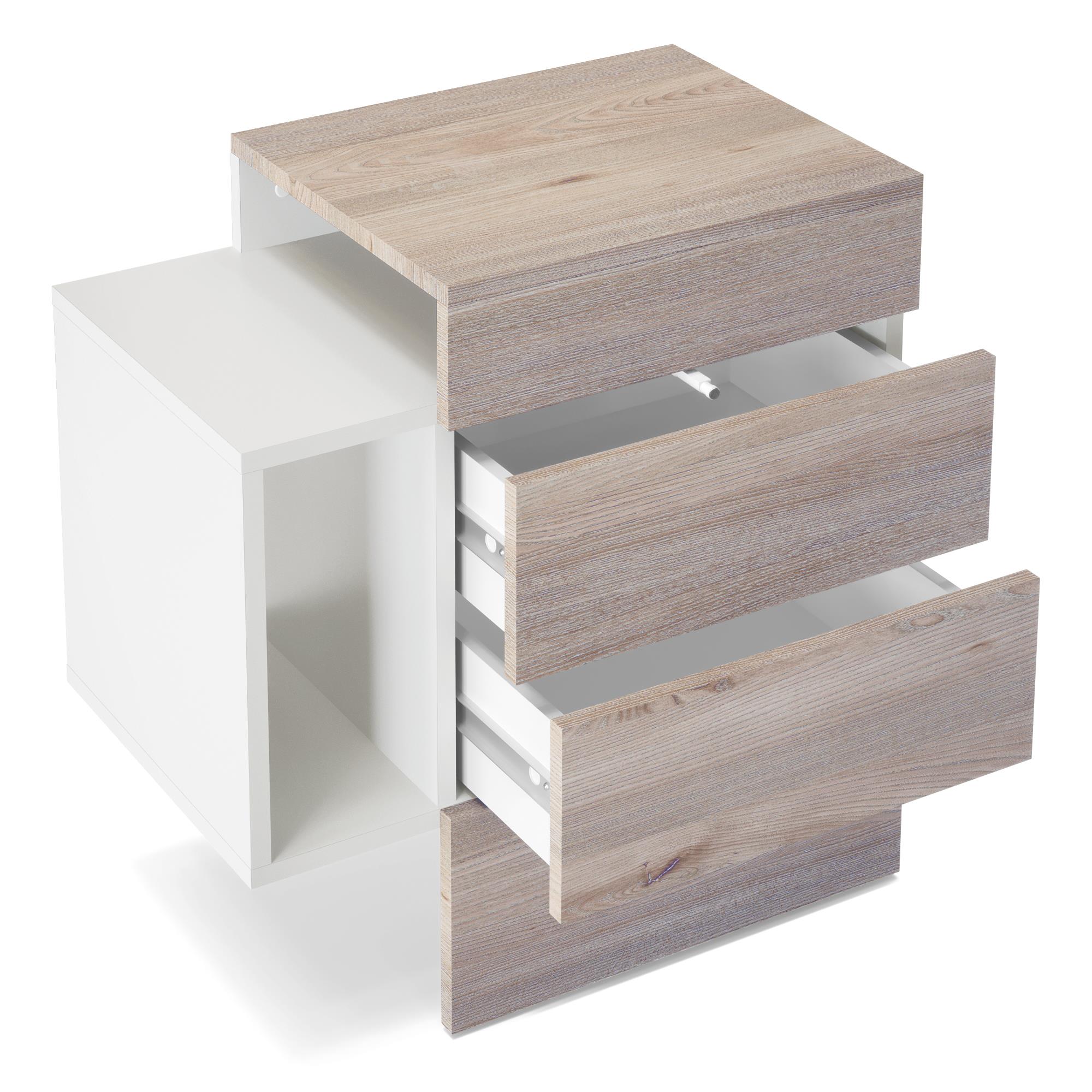 Nachttisch Queens und 1 seitlichem Fach zur Wandmontage Weiß matt/Beton Oxid Optik inkl. LED-Unterbaustrahler (60x63x36 cm)