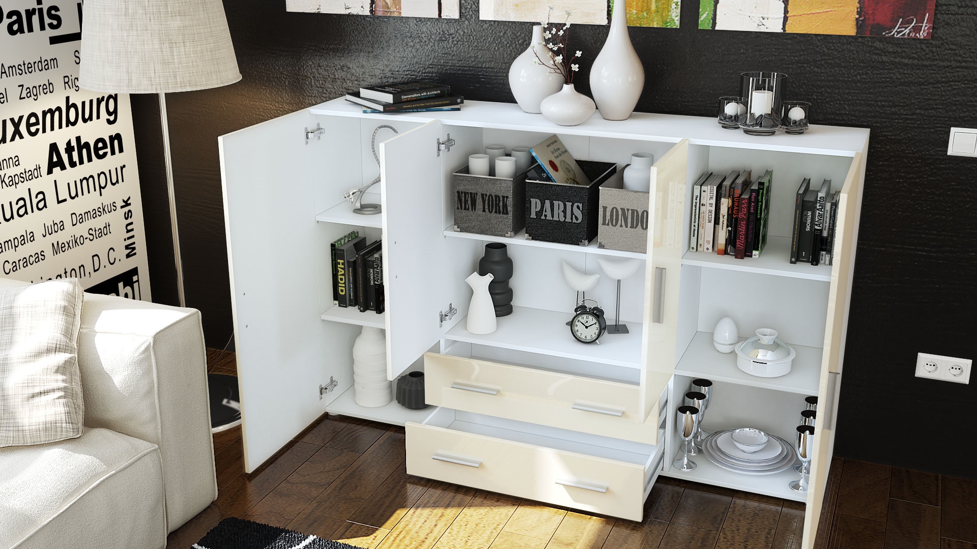 Highboard Nora und 4 Türen mit insgesamt 8 Fächer dahinter Weiß matt/Creme Hochglanz (166,5 x 106,5 x 35 cm)