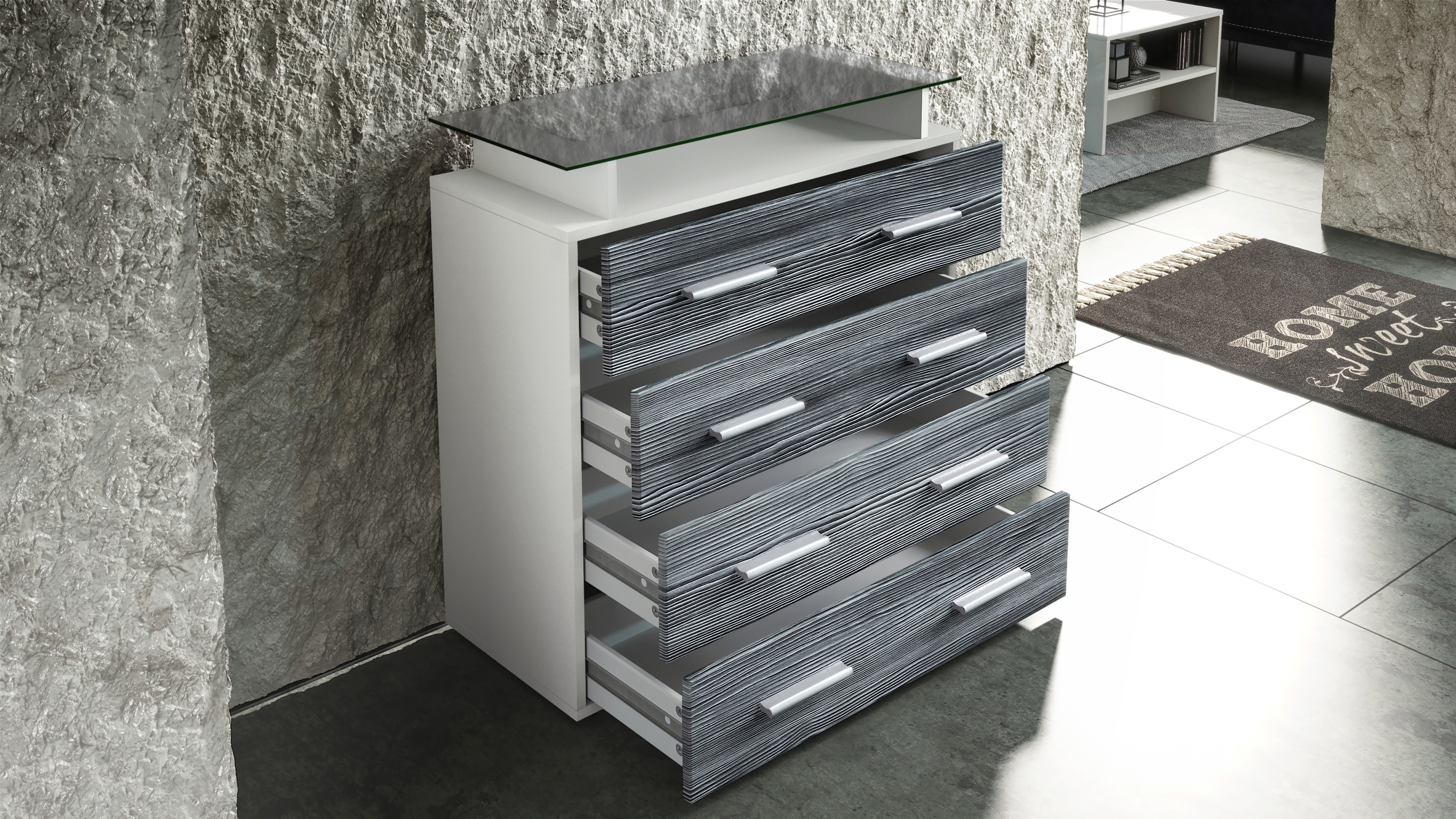 Kommode Pavos V2 mit 4 Schubladen und Glasablage Weiß matt/Creme Hochglanz (76 x 81 x 35 cm)