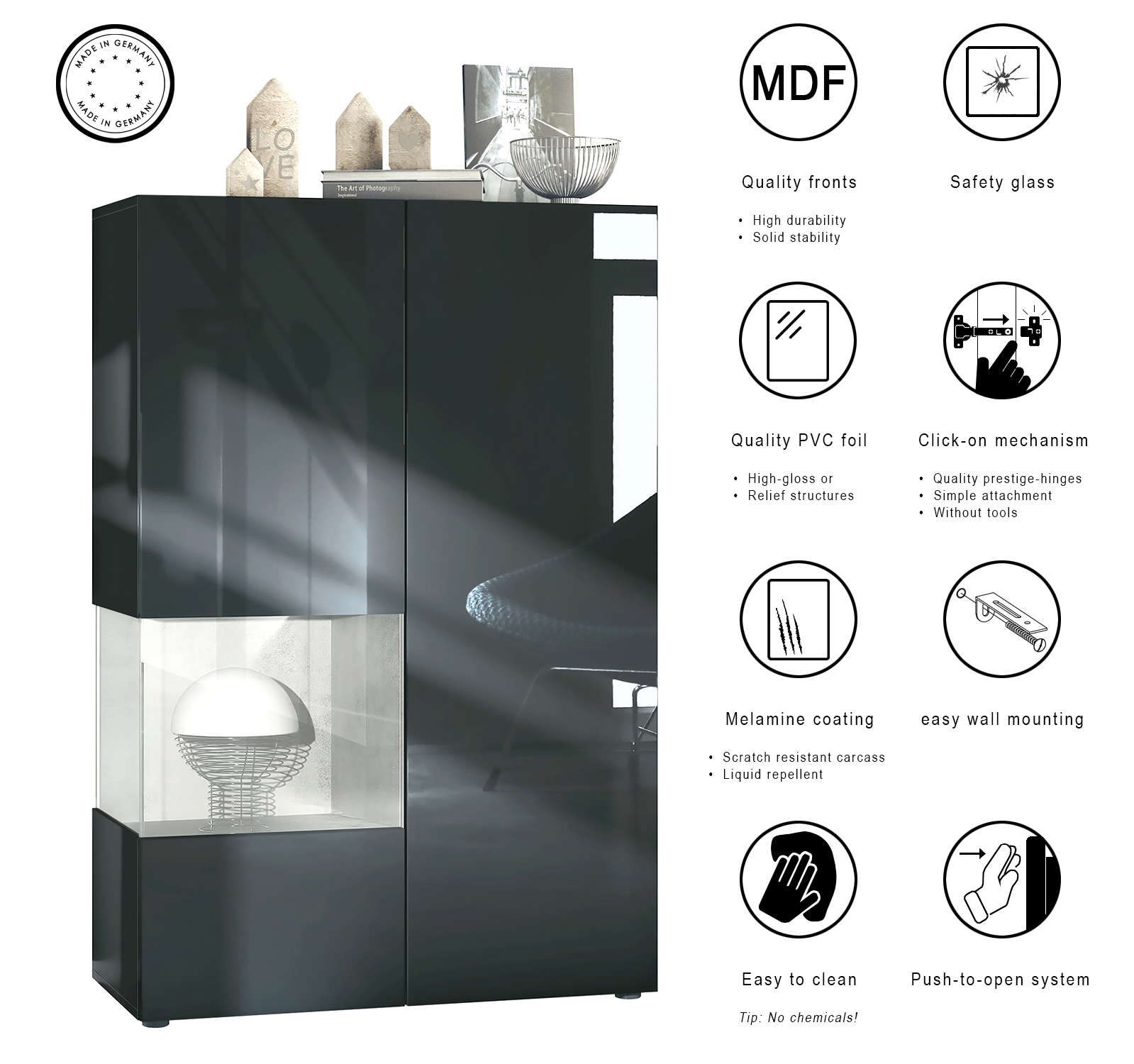 ​Vitrine Morena V2 mit 2 Türen und Glaseinsatz inkl. LED-Beleuchtung Schwarz matt/Schwarz Hochglanz/Beton Oxid Optik(91,5 x 136,5 x 37 cm)