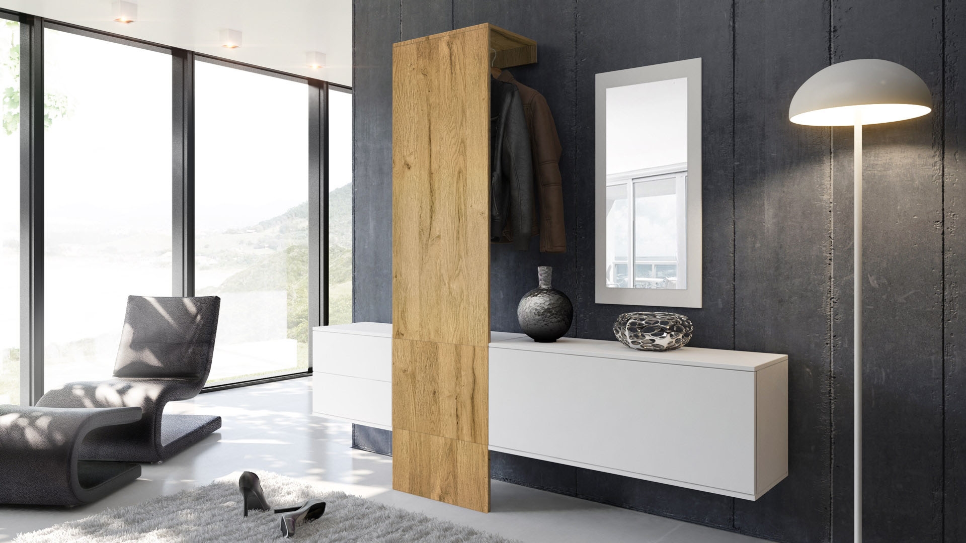 Garderobe Carlton Set 1 Weiß 4-tlg. 1 Paneel, 1 Schubkastenschrank, 1 Schrankmodul und 1 Spiegel Weiß matt/Eiche Natur (208 x 193 x 35 cm)