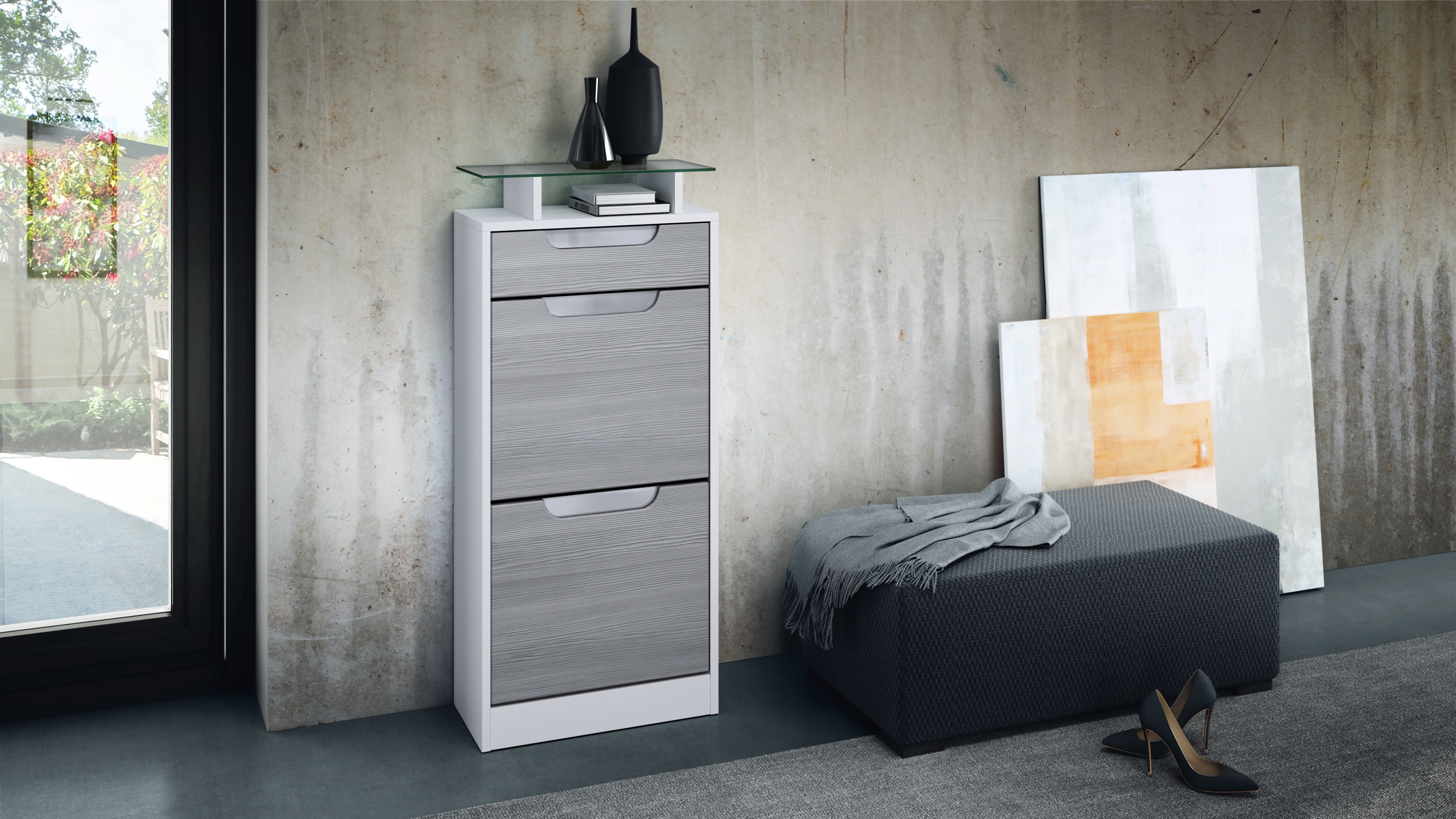 Schuhschrank Fiesta V2 mit 2 Klappen, Schublade und Glasablage Weiß matt/Avola-Anthrazit, Mulden in Weiß Hochglanz (46x104x23 cm)