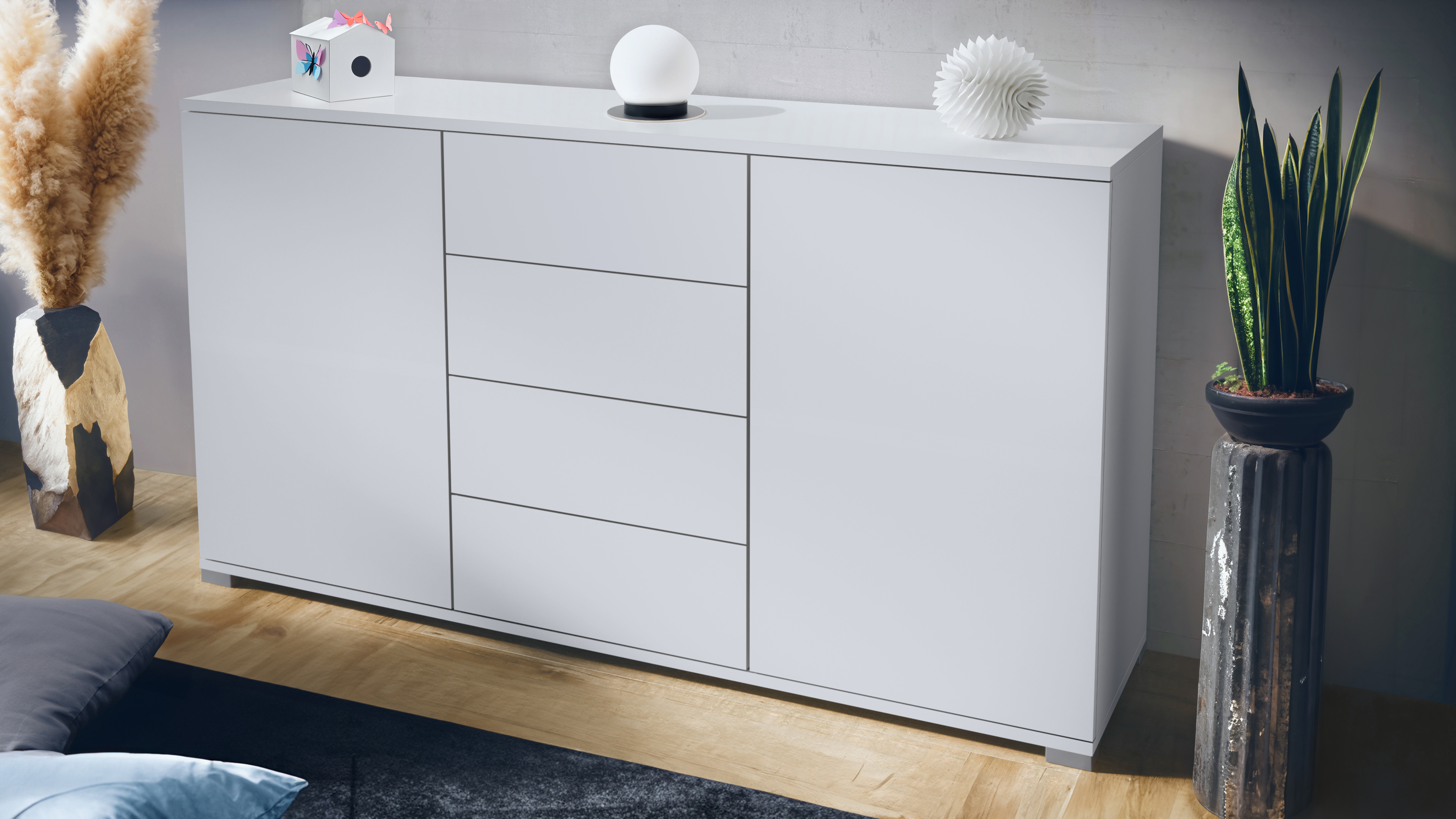 Santo V1 Sideboard Weiß mit 2 Türen und 4 Schubladen Weiß matt/Weiß matt (138,5 x 75,5 x 35 cm)