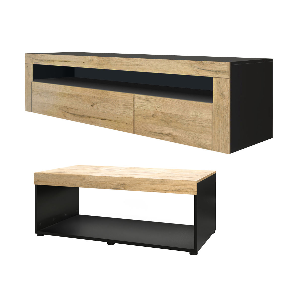 Wohnzimmer-Set Berlin bestehend aus 1 TV Board und 1 Couchtisch Schwarz matt/Eiche Natur