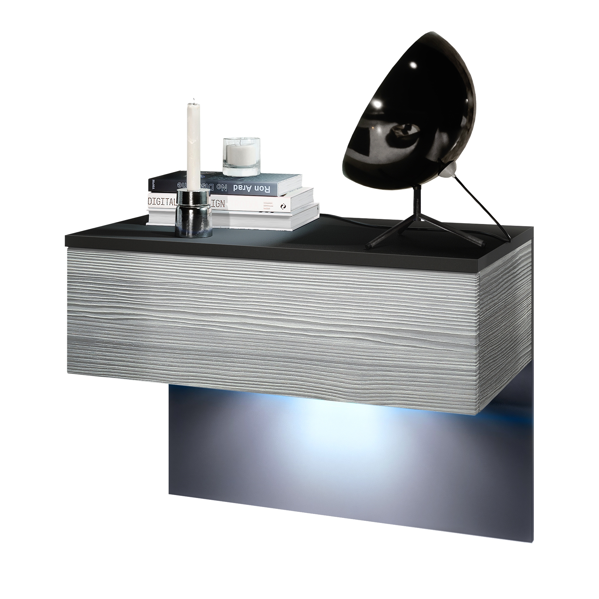 Nachttisch Sleep  mit Schublade zur Wandmontage Schwarz matt/Avola-Anthrazit, inkl. LED-Beleuchtung (60 x 46 x 35 cm)