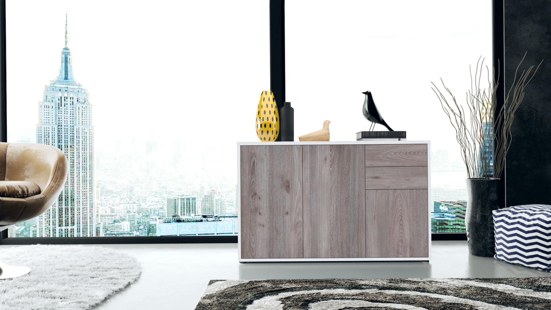 Kommode Ben V3  mit 3 Türen und 2 Schubladen Weiß matt/Eiche Nordic (117 x 74 x 36 cm)