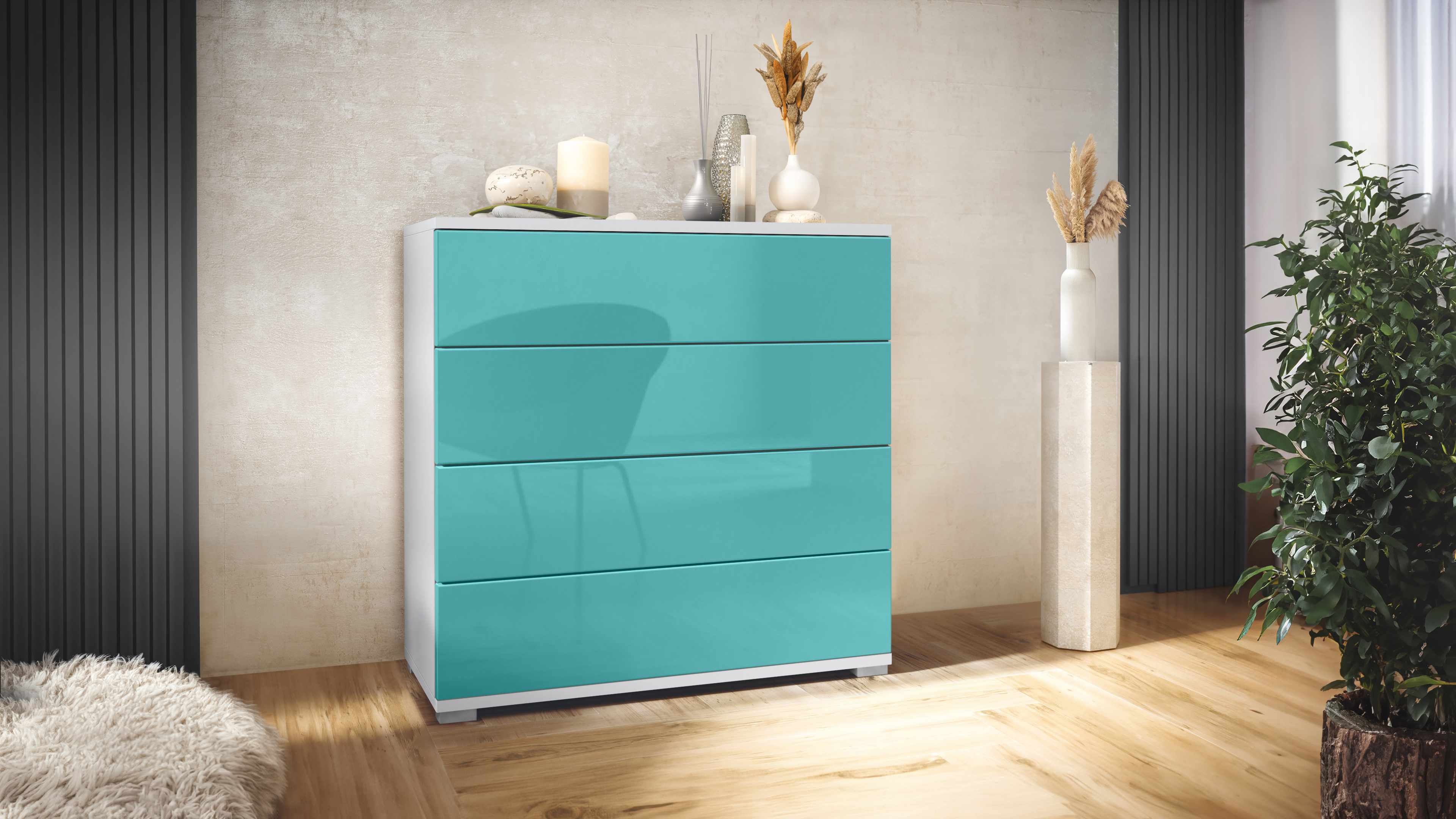 Kommode Pavos V3 mit 4 Schubladen Weiß matt/Petrol Hochglanz (76 x 76 x 35 cm)