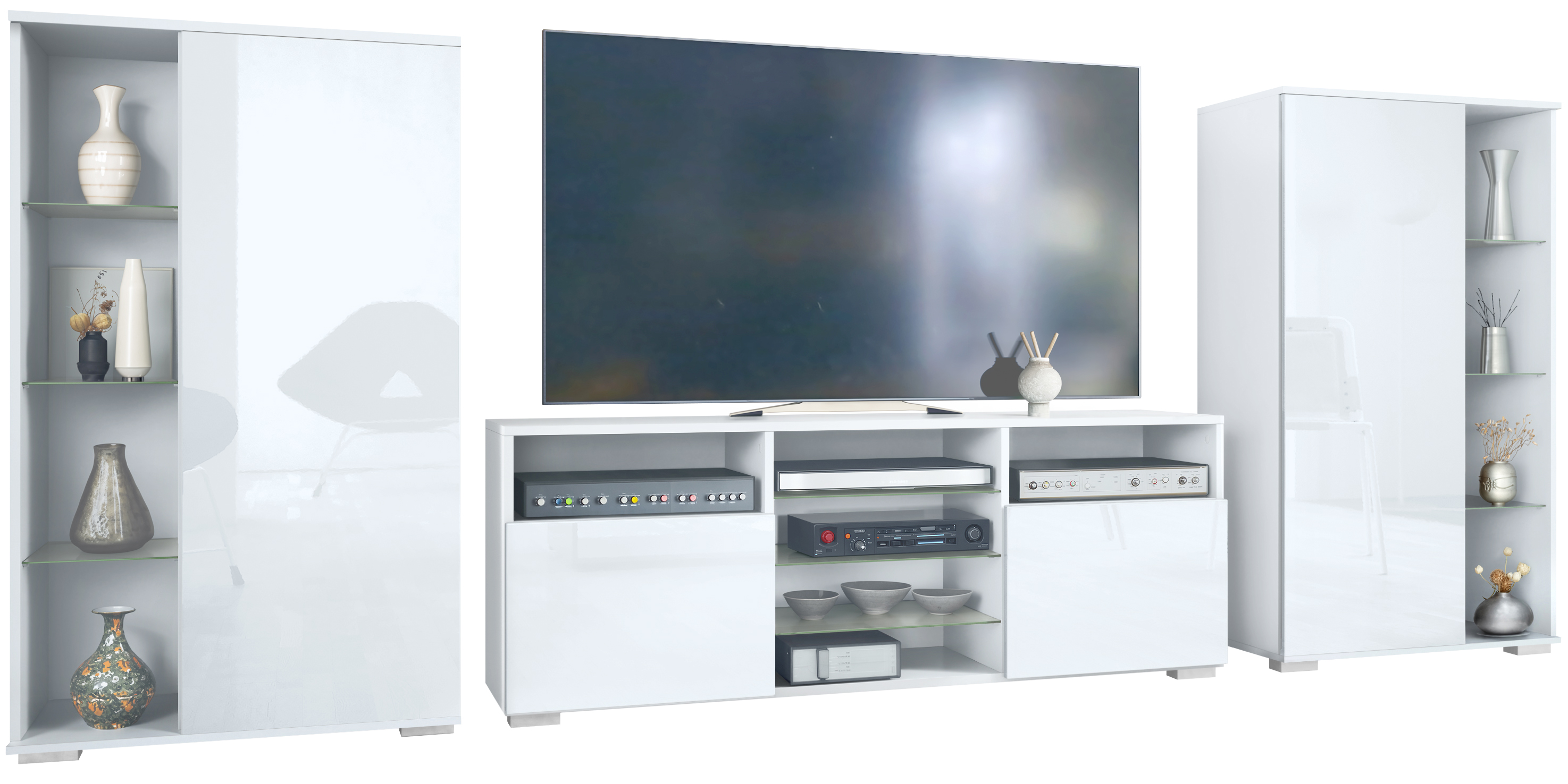 Wohnwand 3-tlg. Davos Weiß bestehend aus 2 Vitrinen und 1 TV-Board Weiß matt/Weiß Hochglanz (329 x 134 x 35 cm)